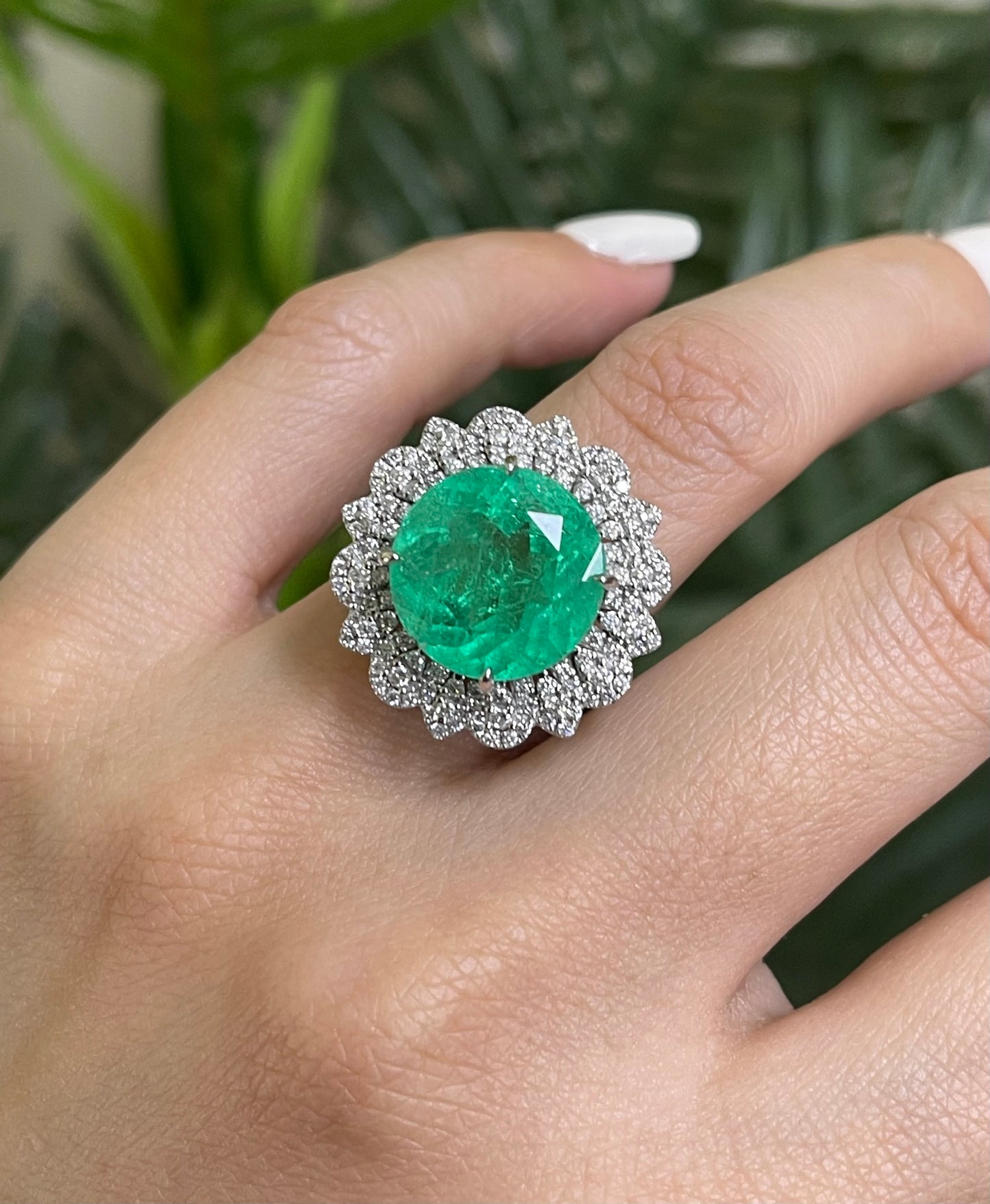 10.6ct Natural Colombian Emerald & 2.28ct Natural Diamond Flower Ring In 14ct White Gold