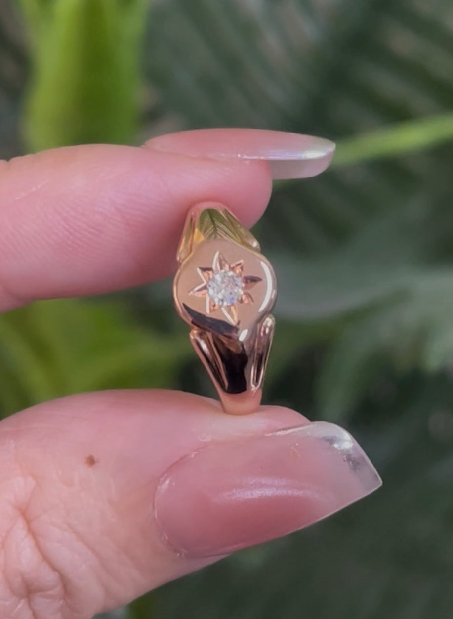 Vintage Birmingham VS Old European Cut Diamond Signet Ring In 9ct Rose Gold