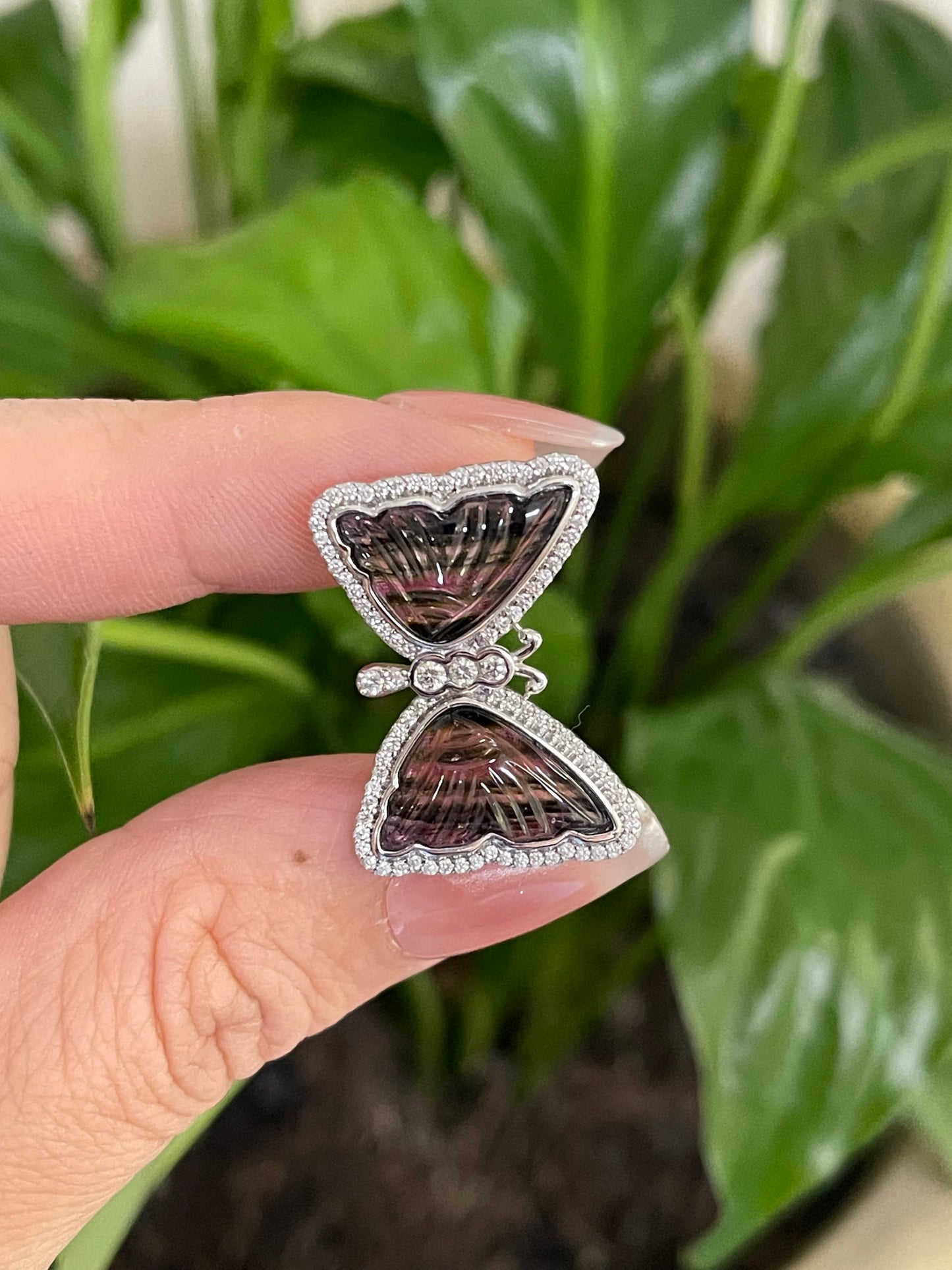 Papillon d’Art – Hand-Carved Natural Tourmaline & Diamond Butterfly Ring in 14ct White Gold