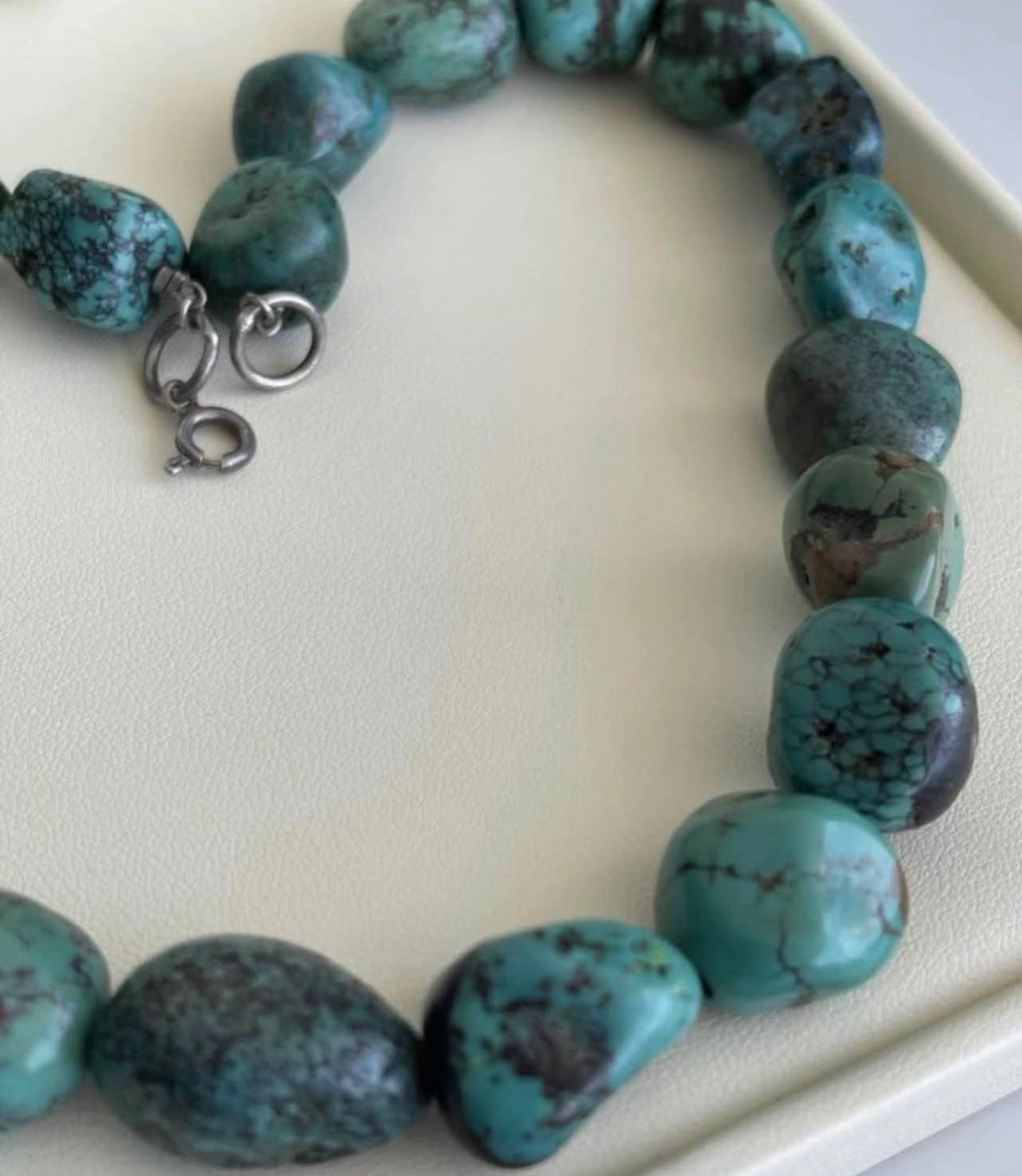 Vintage Large Turquoise Bead Necklace In 925 Sterling Silver Clasp