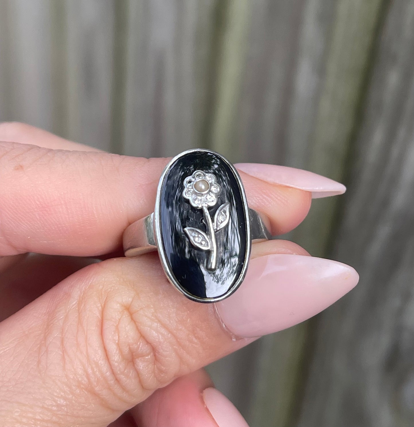 Eternal Bloom – Floral Diamond, Seed Pearl & Black Onyx Ring in 14ct White Gold