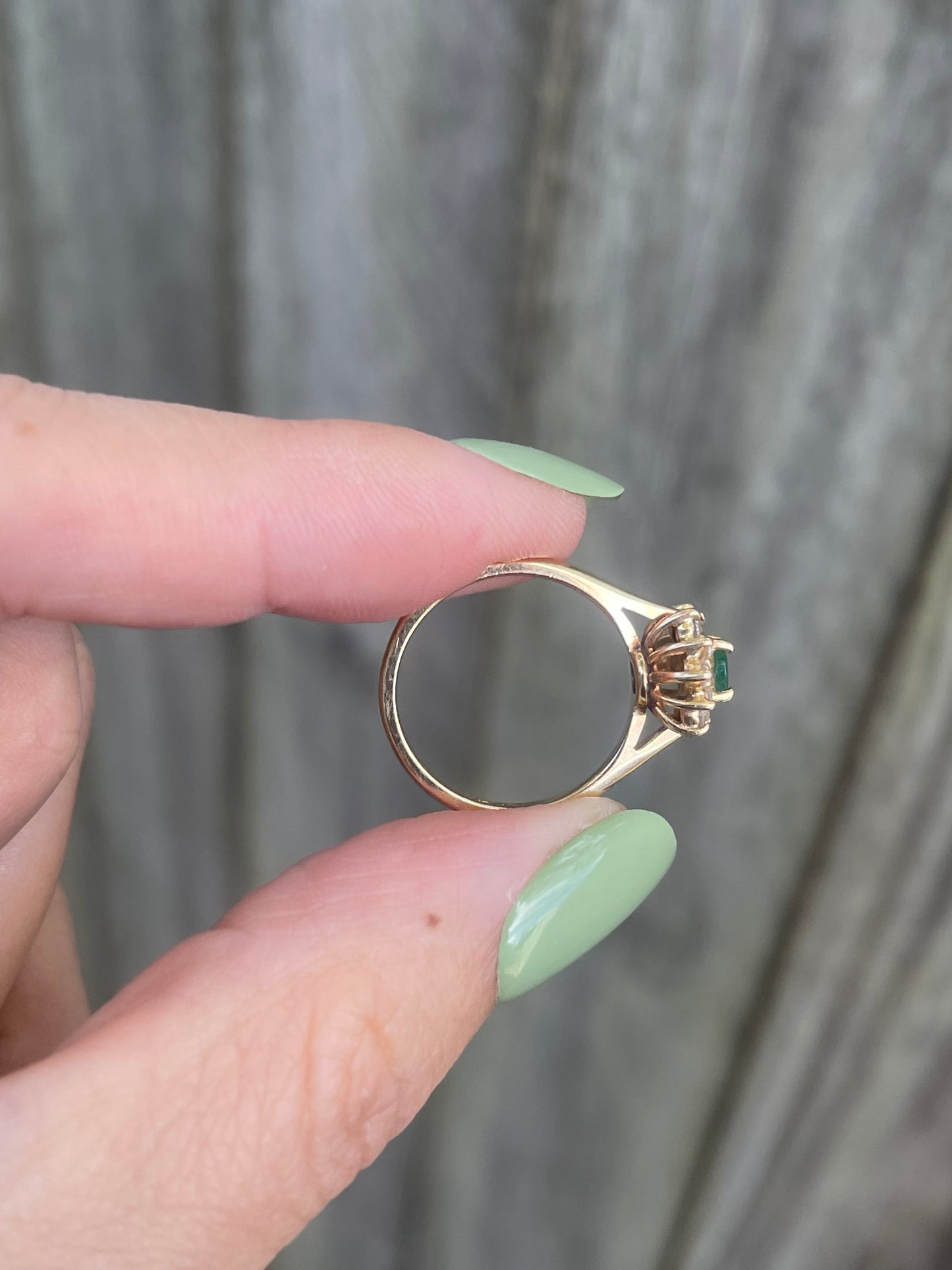 Vintage Natural Emerald Diamond Halo Ring in 14ct Yellow Gold