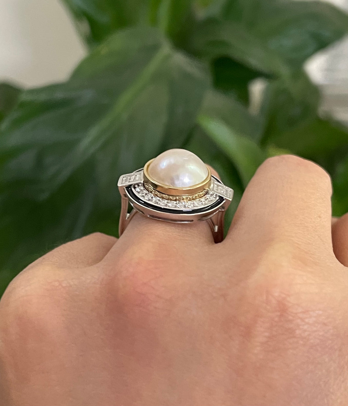 Art Deco Inspired South Sea Mabe Pearl & Diamond Ring with Black Enamel In 14ct White Gold