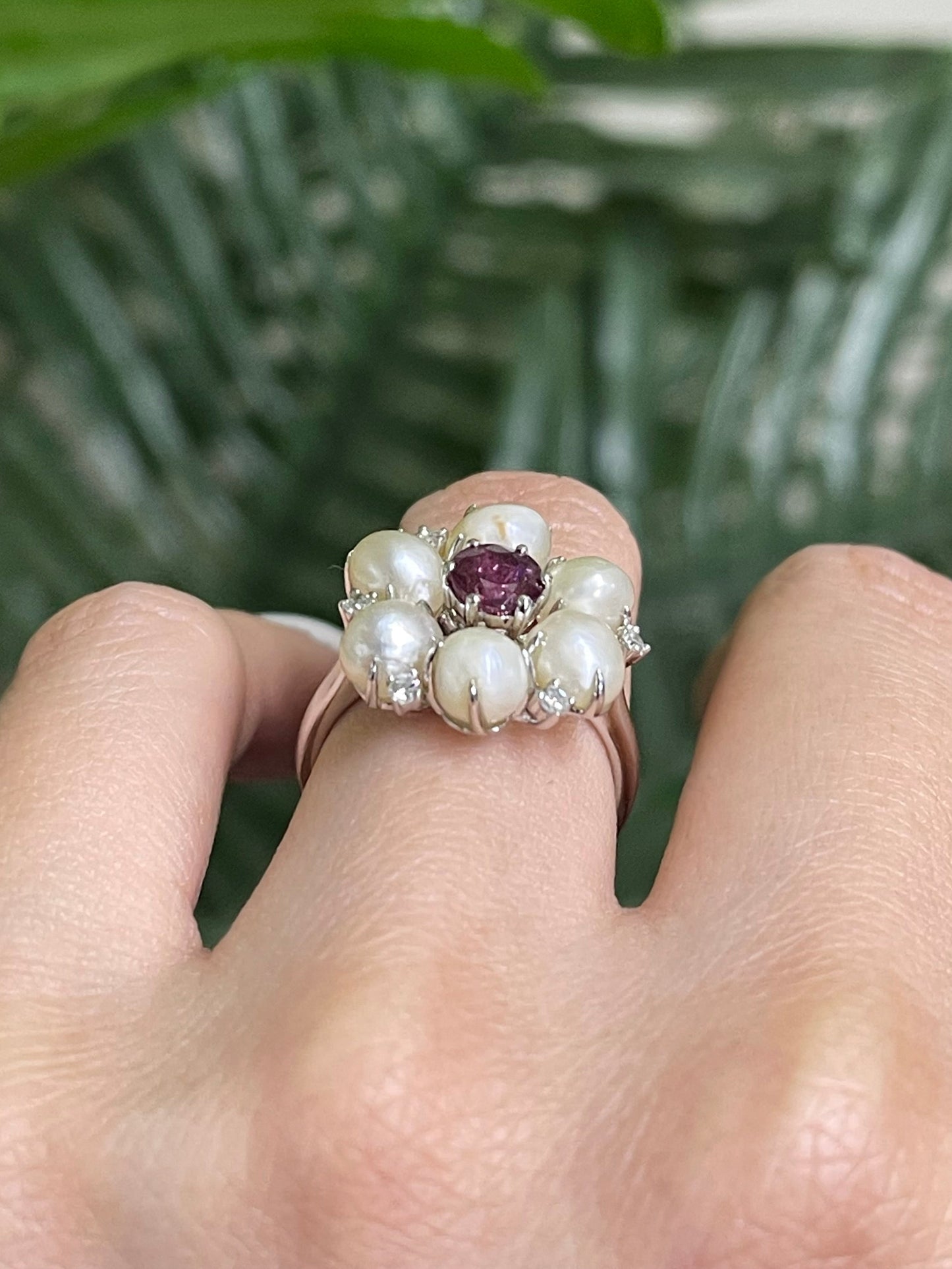 Natural Pearl Ruby Diamond Blossom Ring In 14ct White Gold