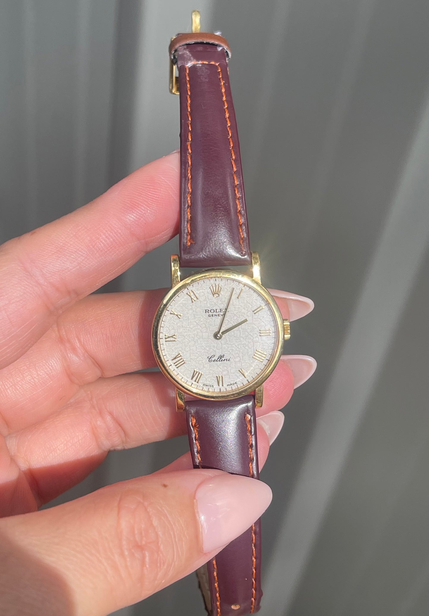 Authentic Vintage Ladies Rolex Cellini Watch 18ct Yellow Gold - Burgundy leather strap