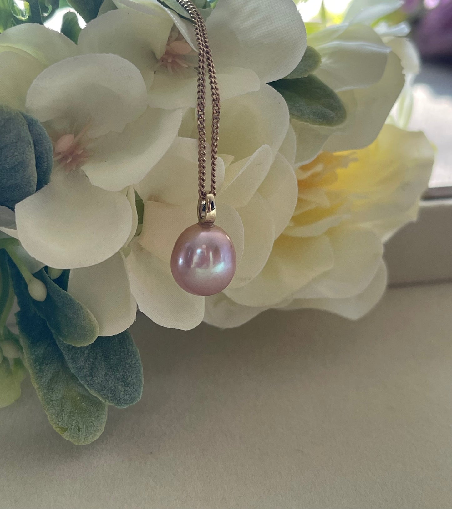 9ct yellow gold genuine natural pink purple colored pearl pendant