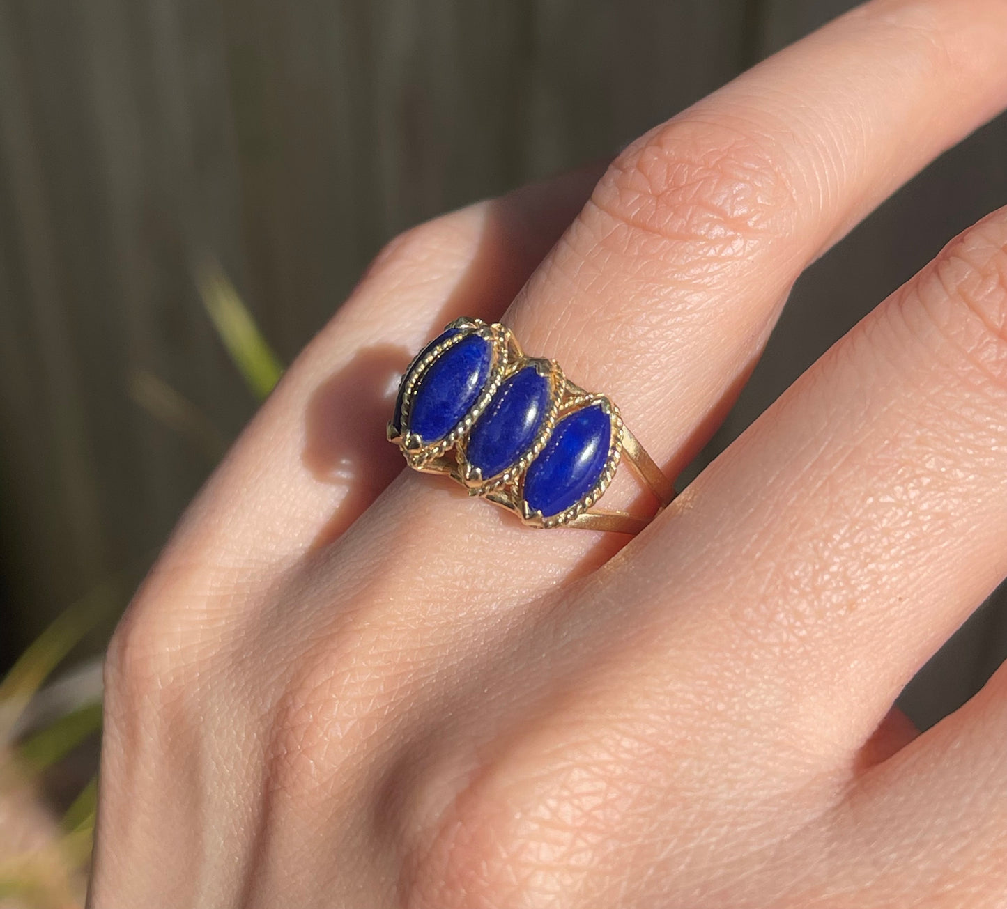 Vintage 5 Stone Marquise Cut Lapis Ring In 14ct Yellow Gold