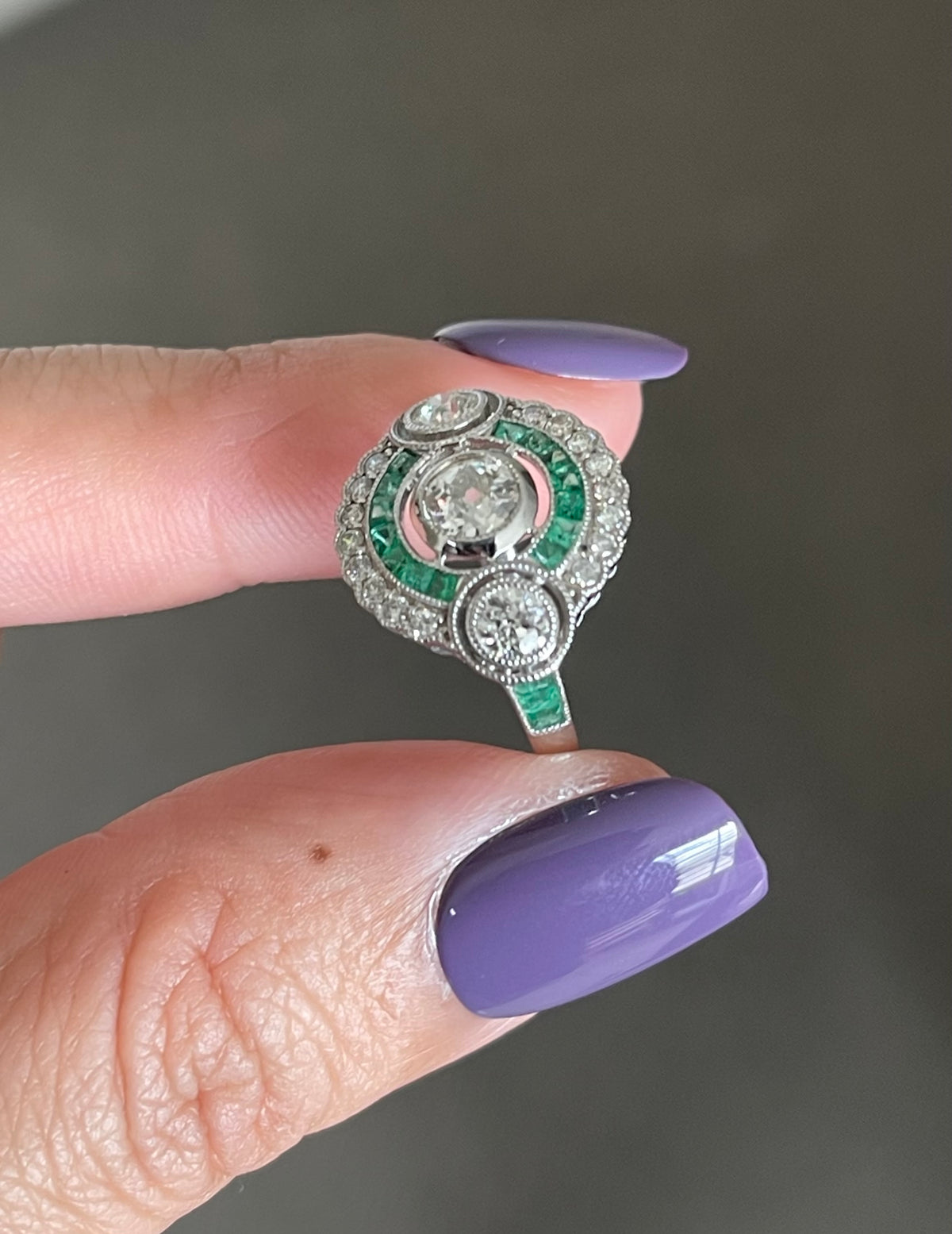 Art Deco Style Old Cut Diamond Tilogy Emerald Ring In 14ct White Gold
