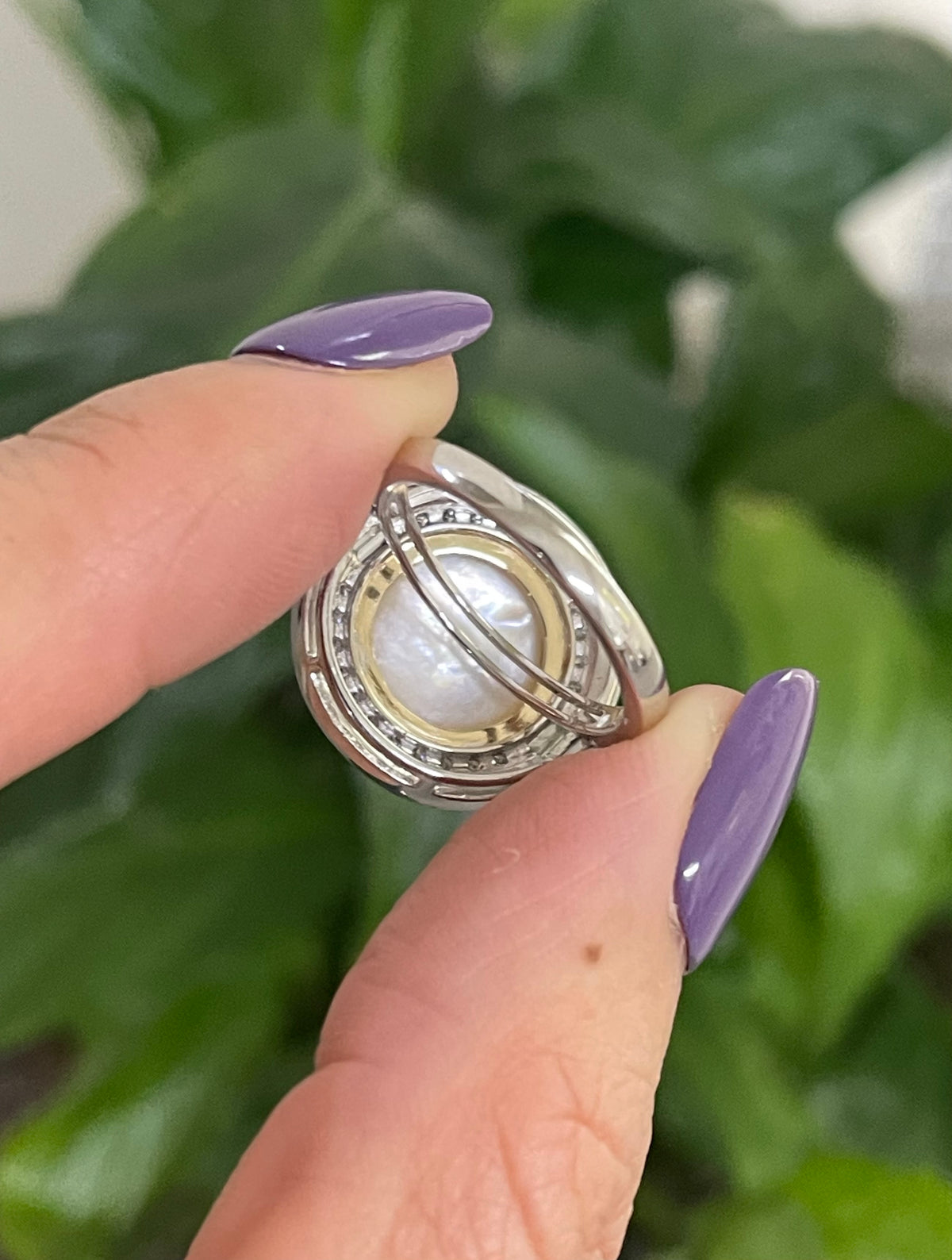 Art Deco Inspired South Sea Mabe Pearl & Diamond Ring with Black Enamel In 14ct White Gold