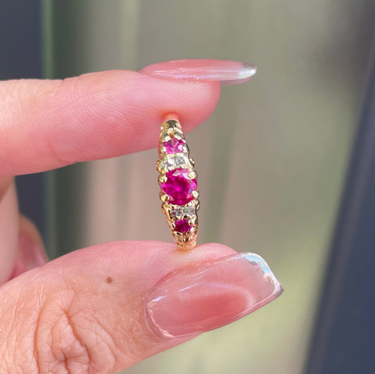 Vintage Handmade Pink Ruby & Antique Rose Cut Diamond Ring in 18ct Yellow Gold