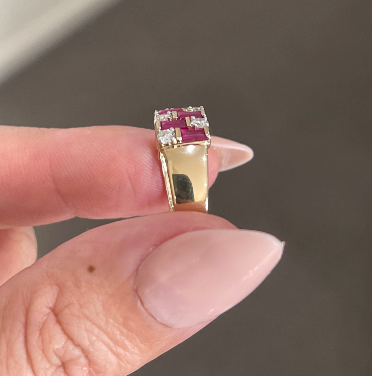 Natural Ruby Diamond Geometric Ring In 14ct Yellow Gold