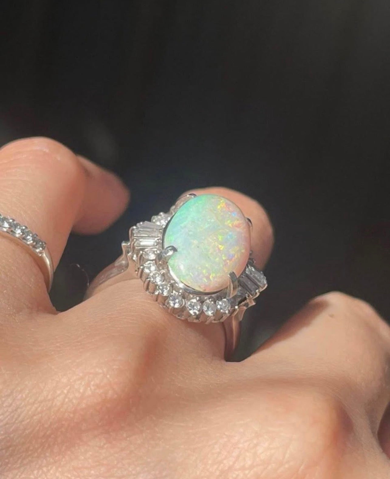 Natural Solid Australian Opal & Diamond Ring In 900 Platinum