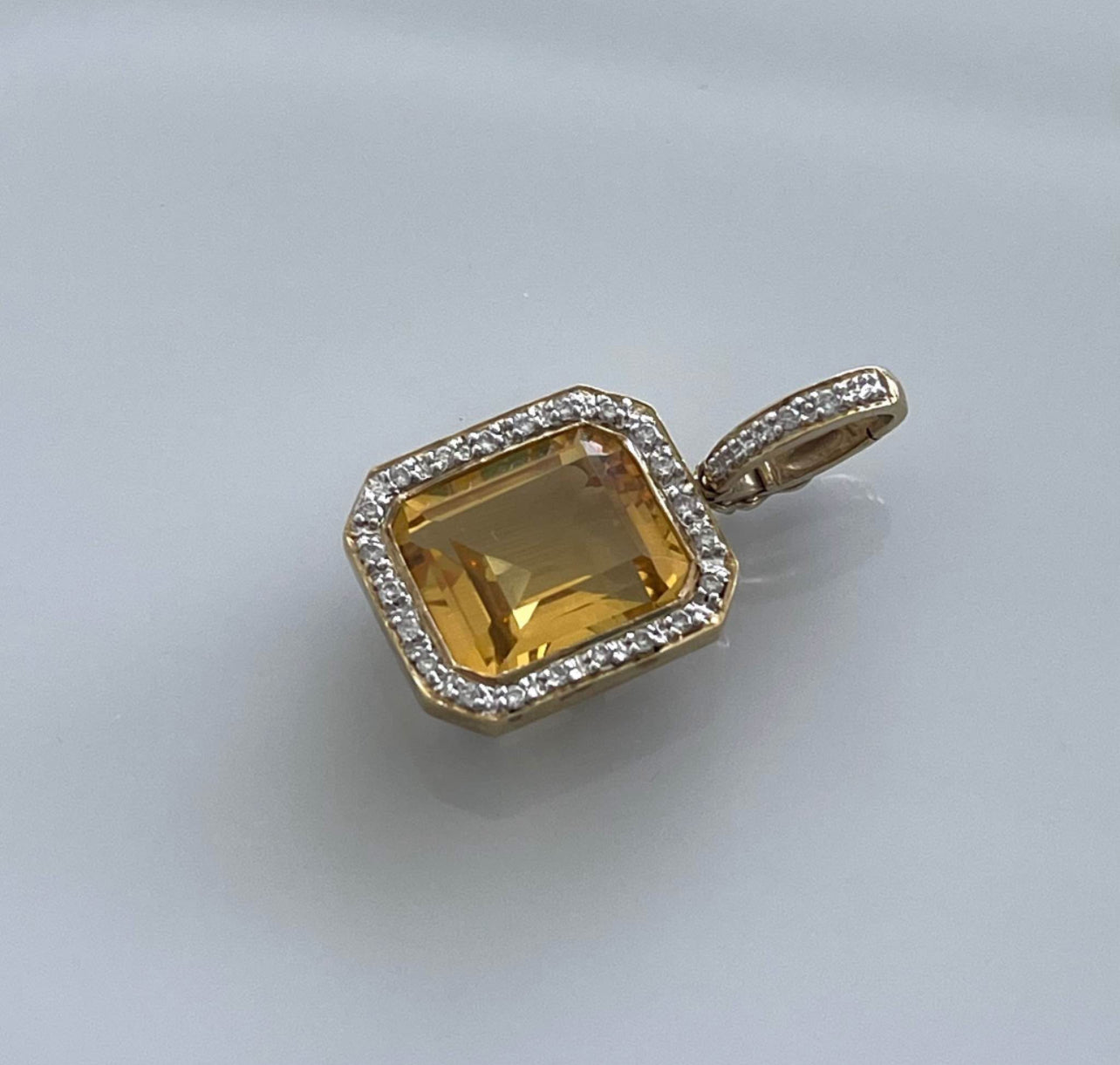 Art deco inspired 9ct yellow gold 4.35ct natural citrine diamond halo pendant