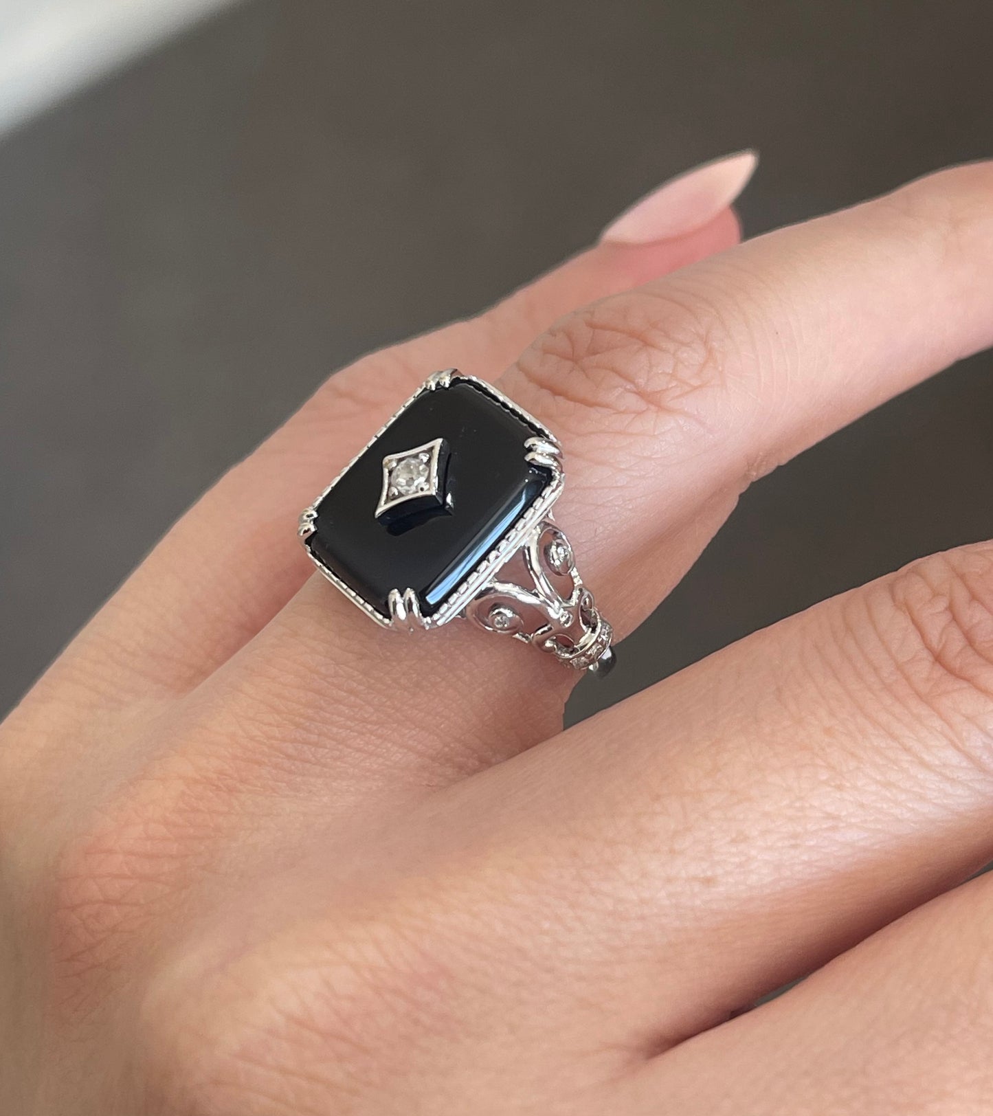 Art Deco Style Onyx & Old Cut Diamond Ring In 14ct White Gold