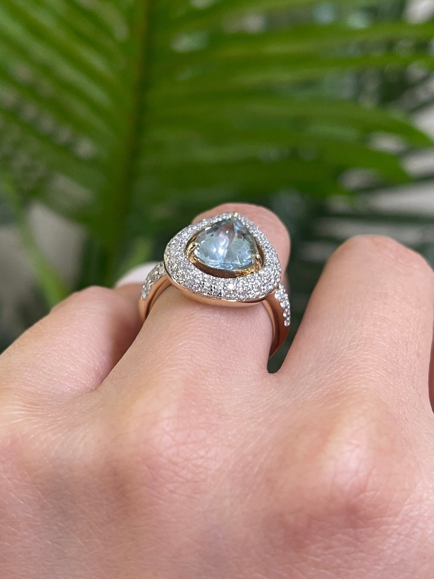 Natural Aquamarine & Diamond Halo Ring In 14ct Yellow Gold