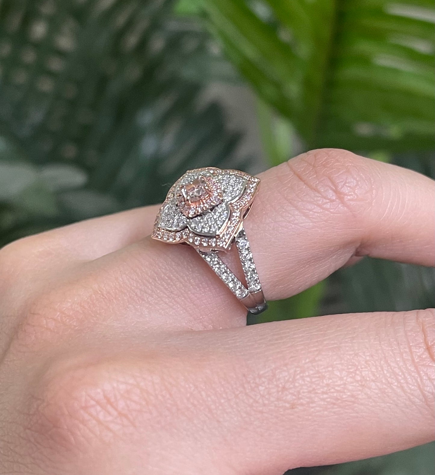 Natural Pink Diamond Flower Ring In 14ct Rose Gold & White Gold