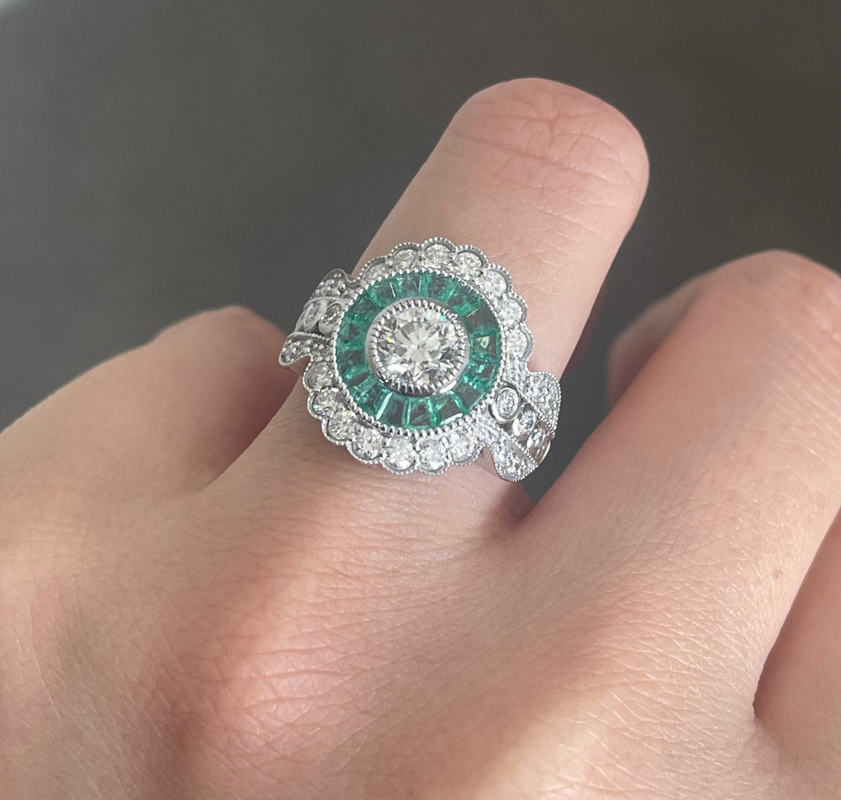 Art Deco Style 1.73ct Natural Diamond Emerald Ring In 14ct White Gold