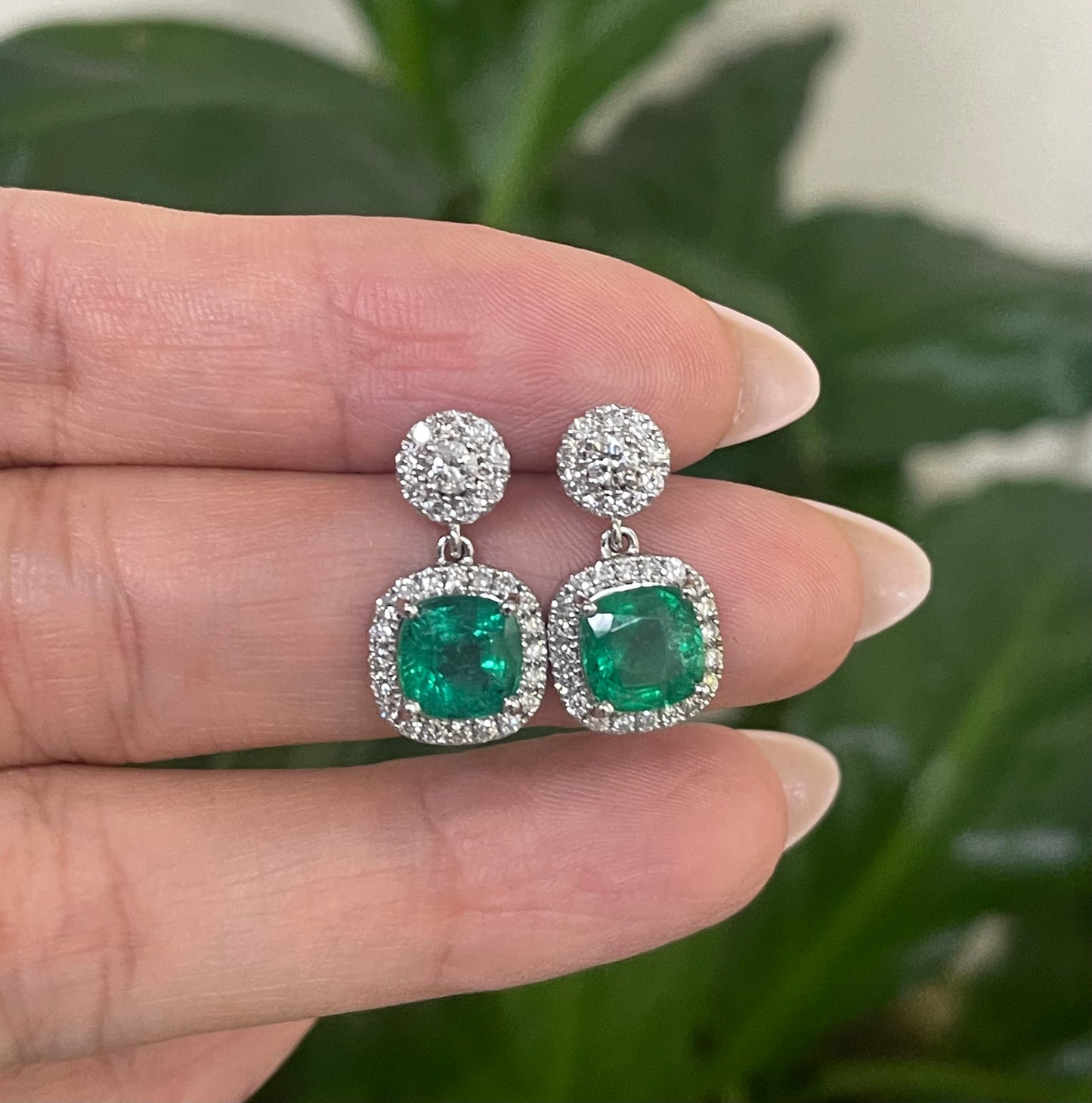 3.02ct Natural Emerald Diamond Drop Earrings In 14ct White Gold