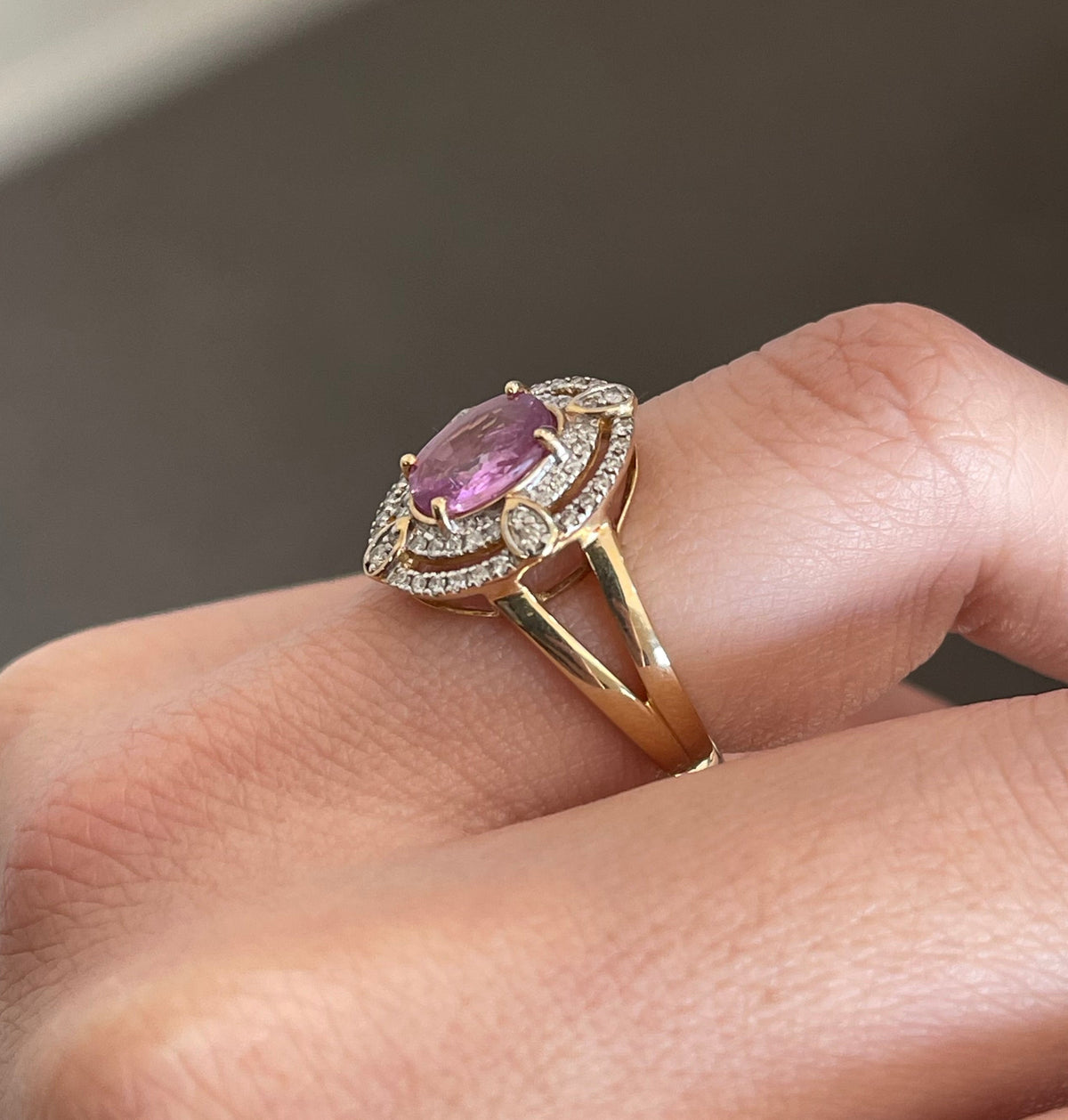 Art Deco Style Natural Pink Sapphire Diamond Halo Ring In 14ct Yellow Gold