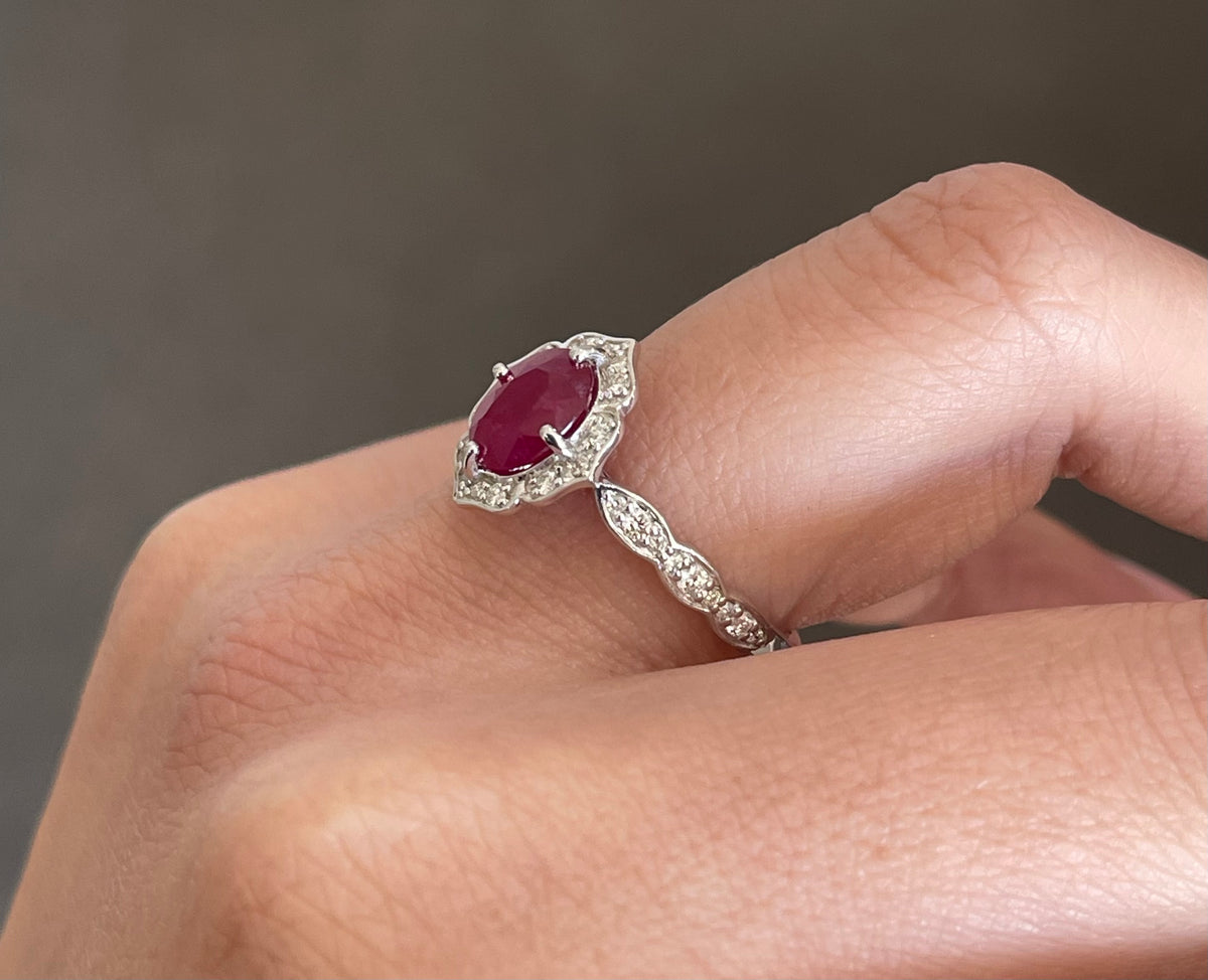 Art Deco Inspired Natural Ruby Diamond Ring In 14ct White Gold