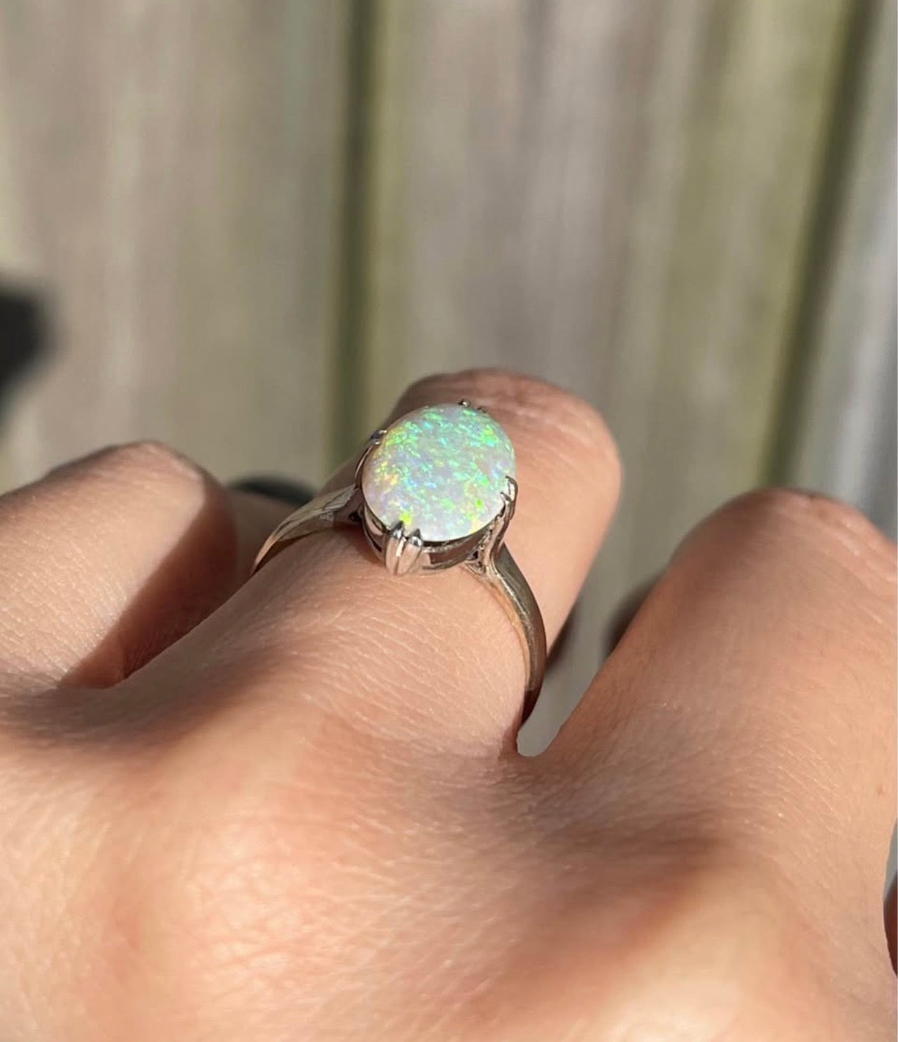 Mid Century 1950s Solid Australian Opal Ring In 14ct White Gold