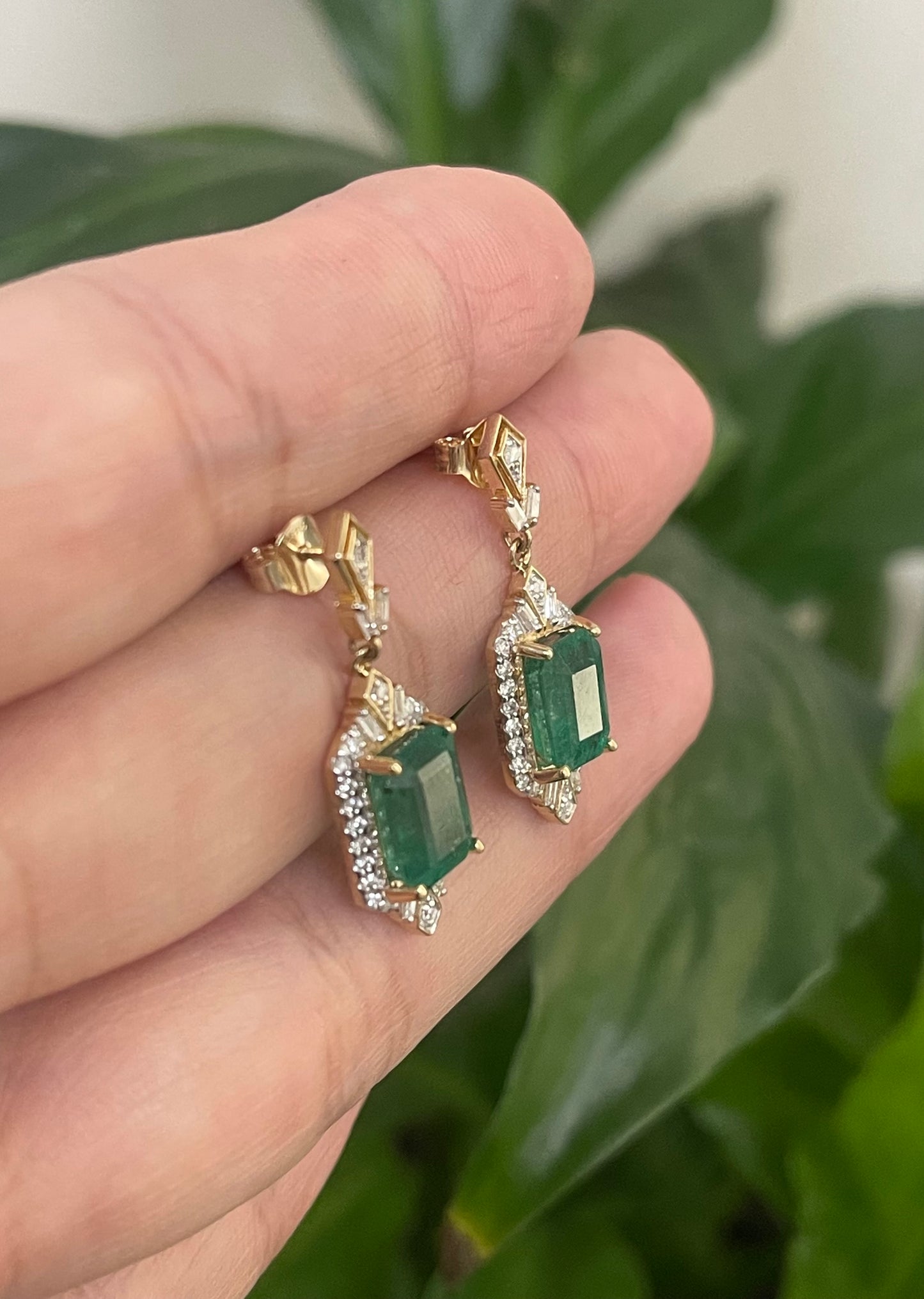 Art Deco Style 4.03ct Natural Emerald Diamond Drop Earrings In 14ct Yellow Gold