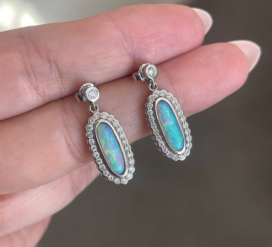 Natural Solid Coober Pedy Opal Diamond Earrings In 14ct White Gold