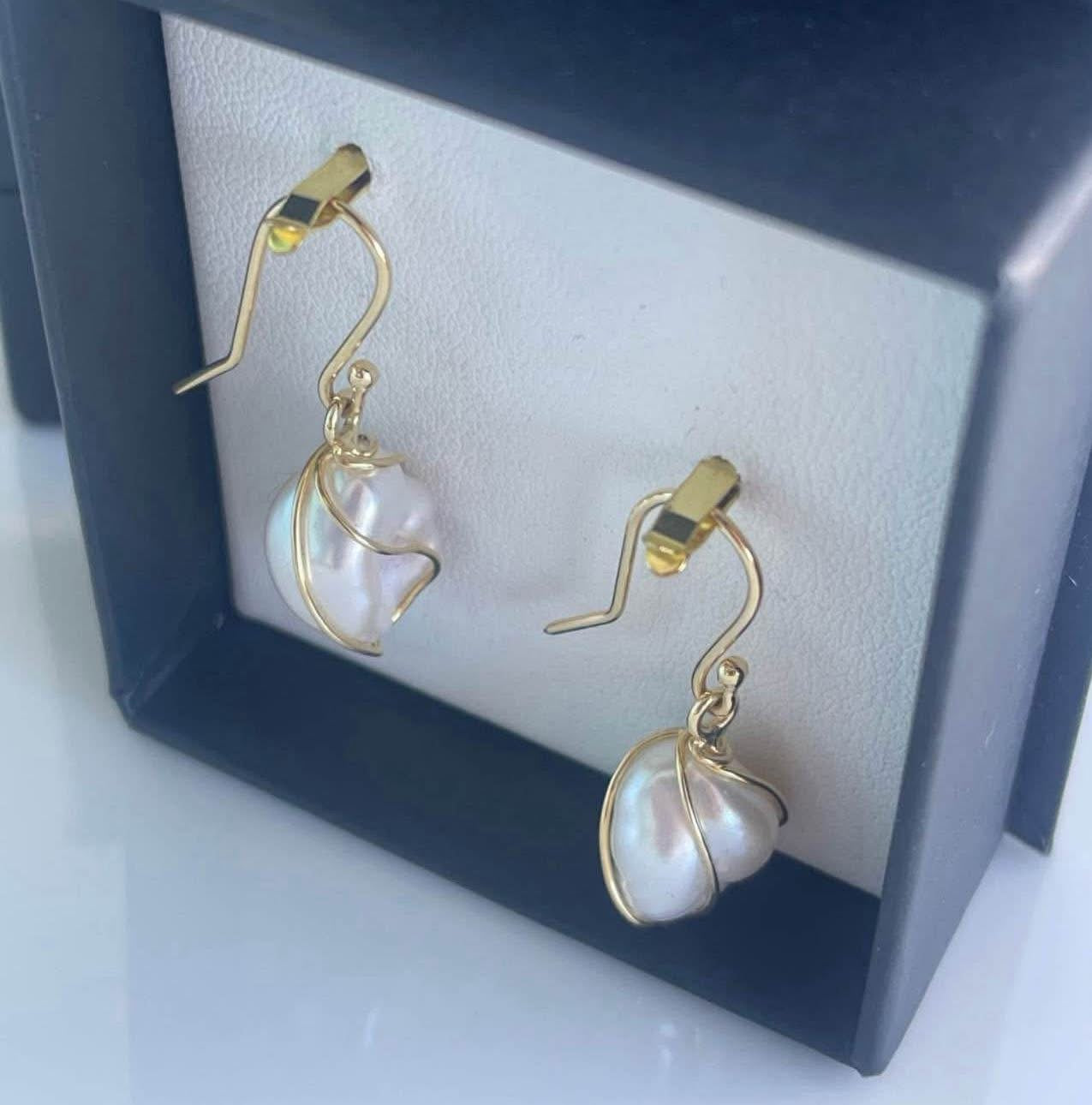 SE custom 9ct yellow gold wrap around wirework baroque pearl drop earrings