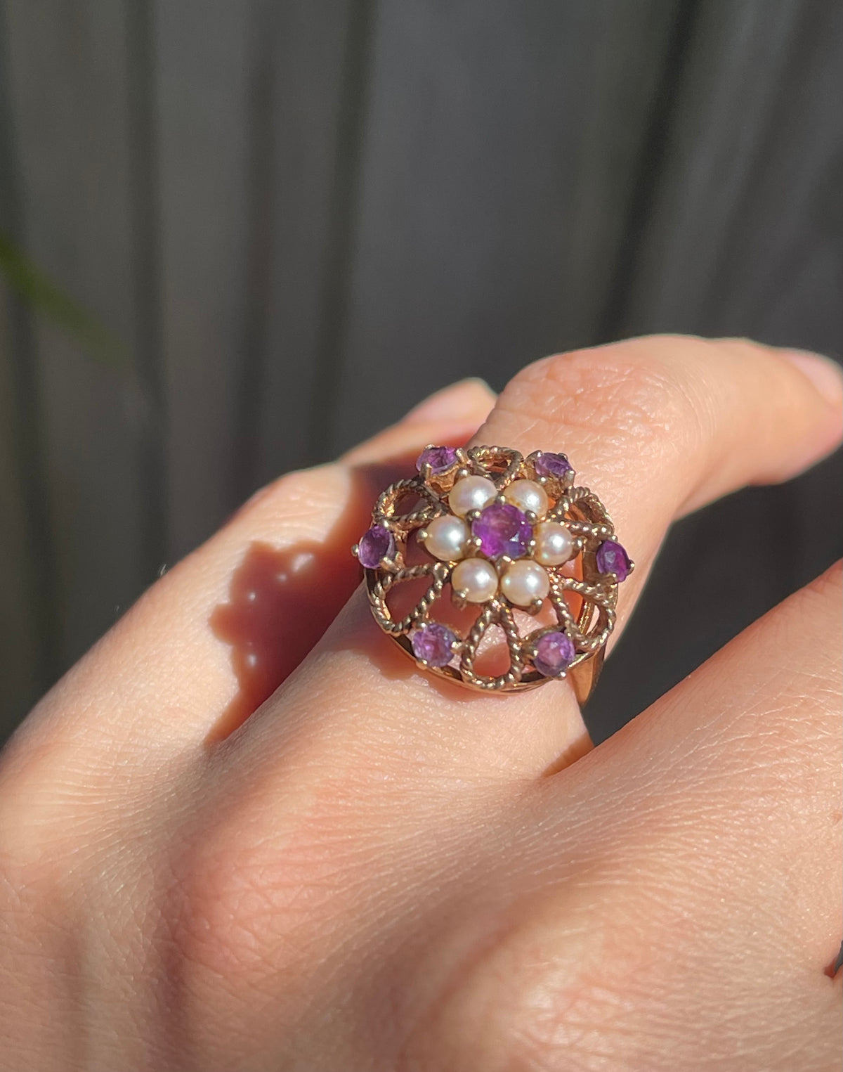 Vintage London 1973 natural purple amethyst seed pearl flower ring in 9ct rose gold