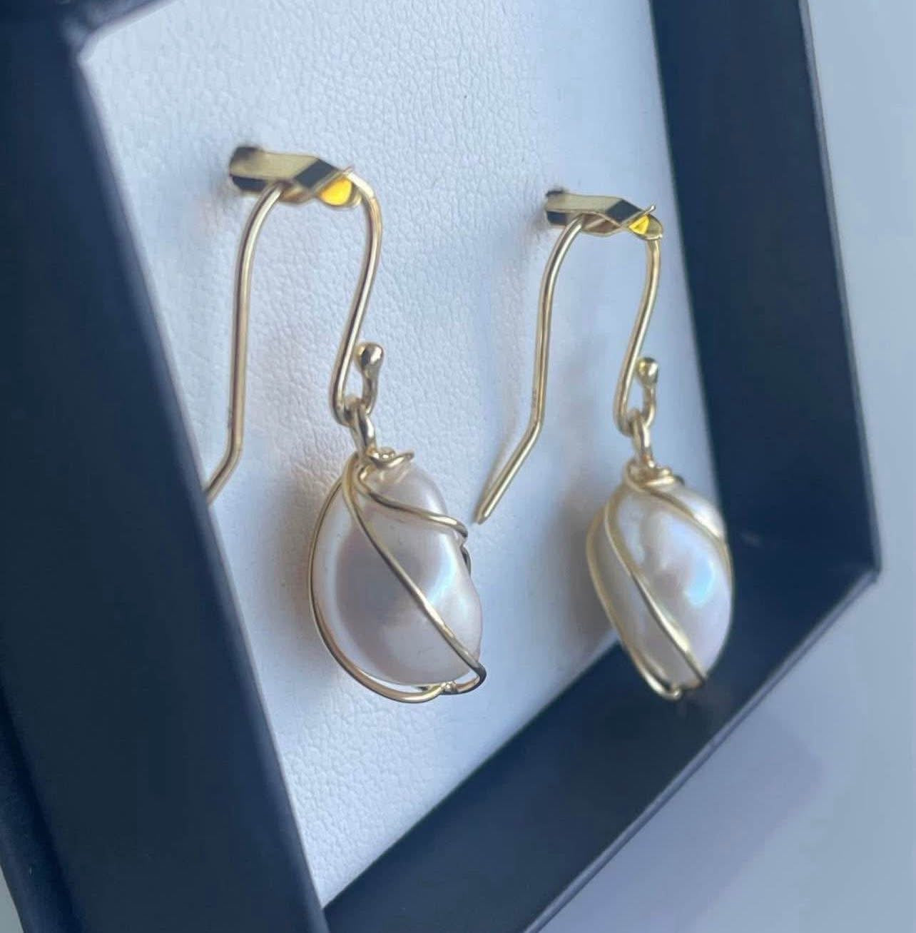 SE custom 9ct yellow gold wrap around wirework baroque pearl drop earrings