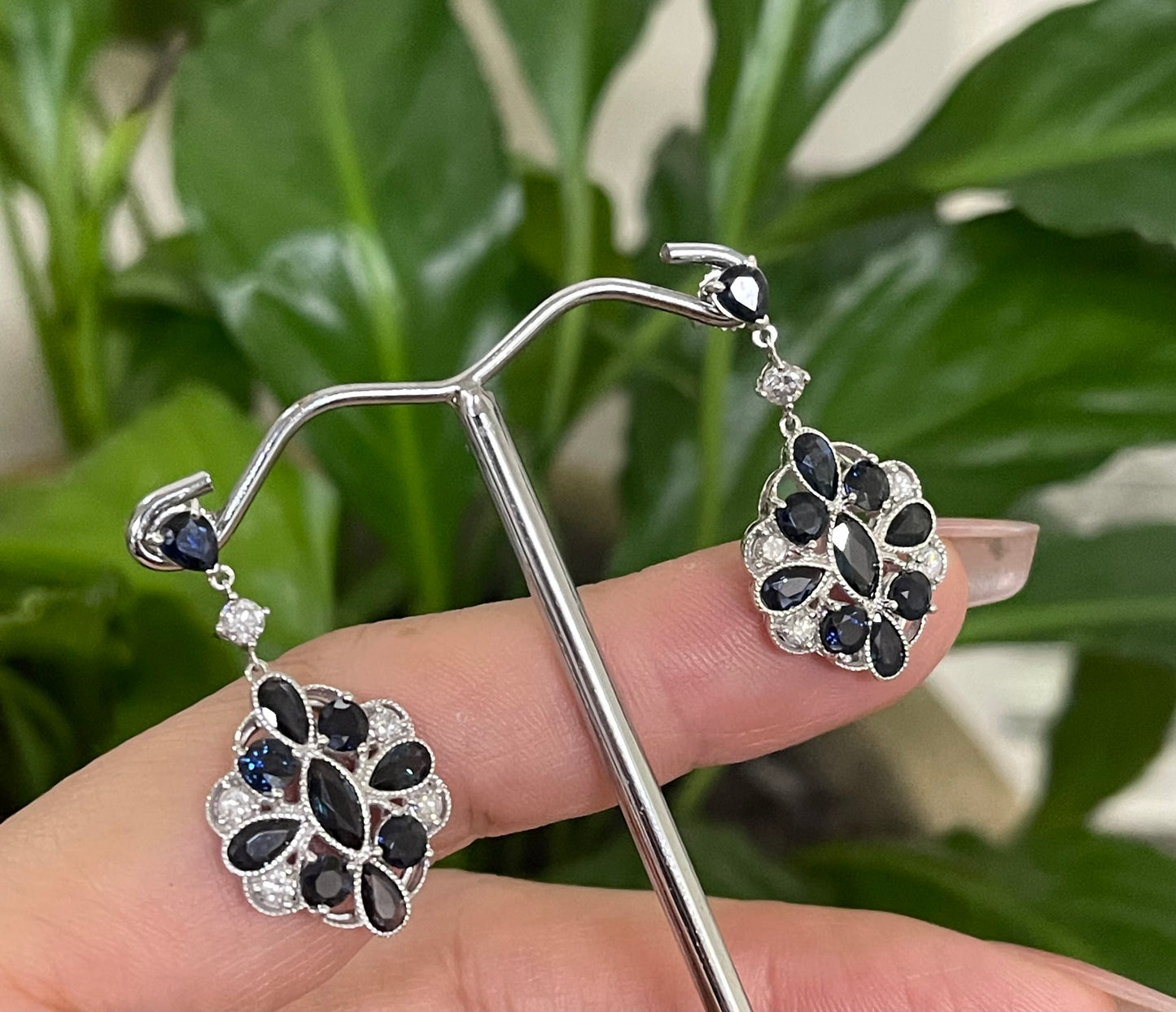 Art Deco Style 4.07ct Natural Sapphire & Diamond Drop Earrings In 14ct White Gold