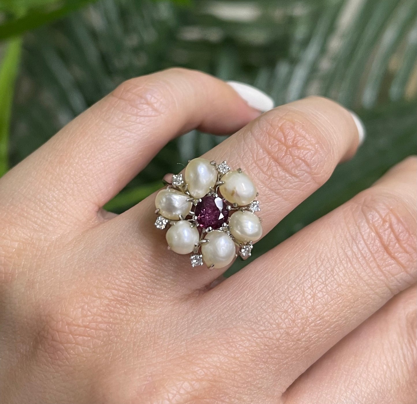 Natural Pearl Ruby Diamond Blossom Ring In 14ct White Gold