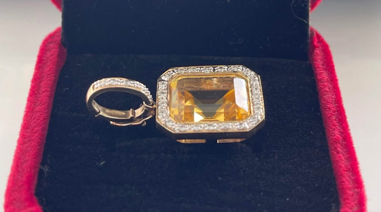 Art deco inspired 9ct yellow gold 4.35ct natural citrine diamond halo pendant