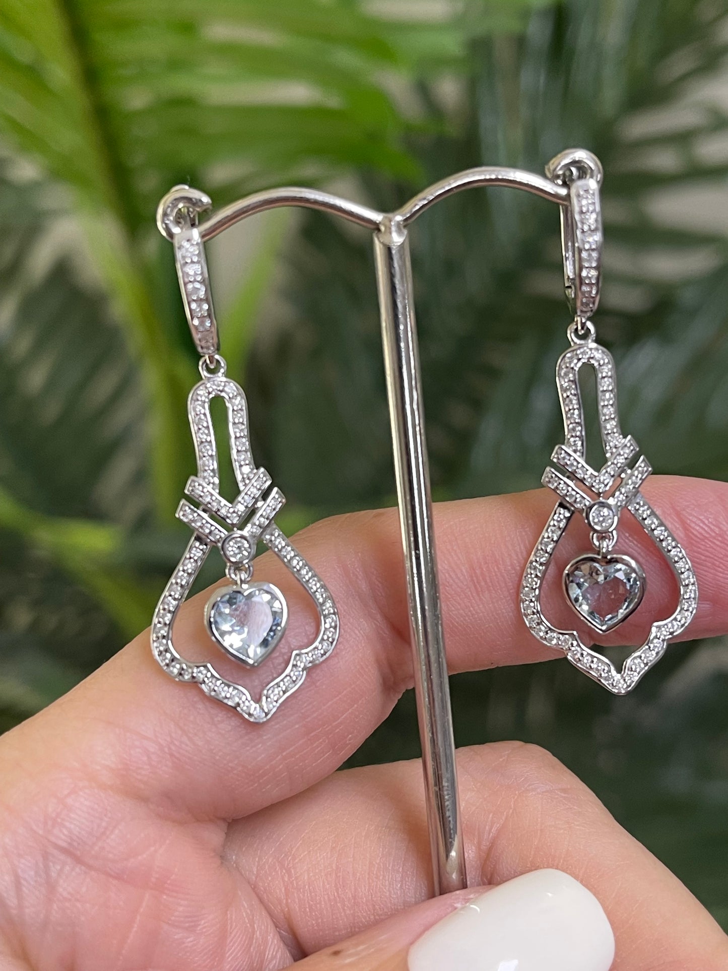 Art Deco Style Natural Aquamarine & Diamond Earrings In 14ct White Gold