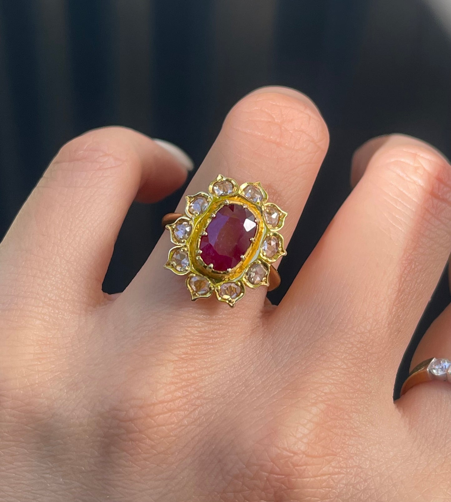 Antique style 2.5ct Ruby & Rose-Cut Diamond Cluster Ring in 14ct Yellow Gold