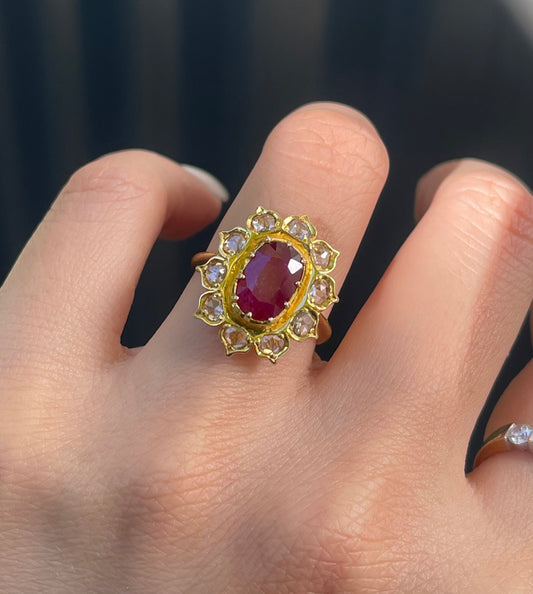 Antique style 2.5ct Ruby & Rose-Cut Diamond Cluster Ring in 14ct Yellow Gold
