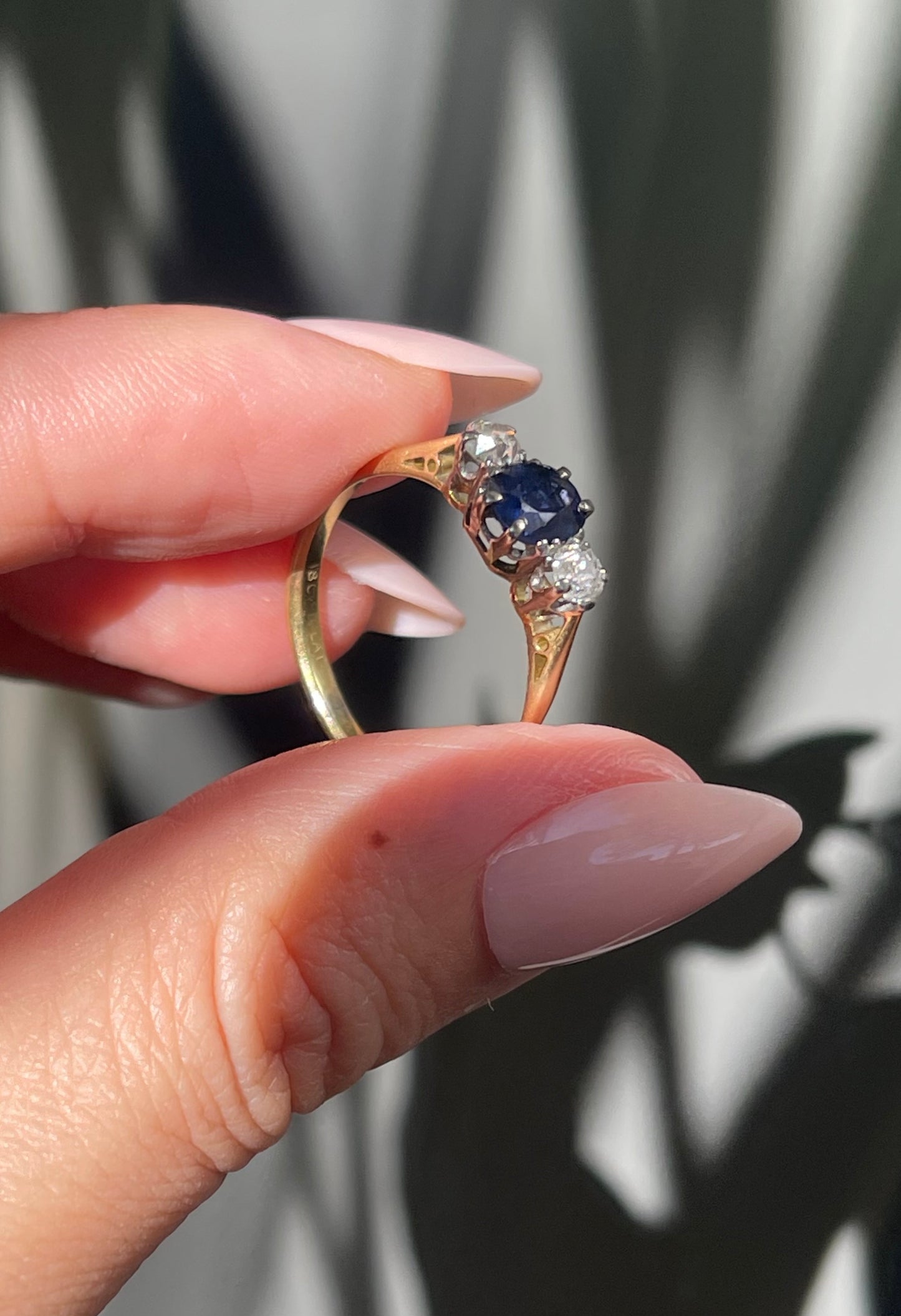Antique Natural Ceylon Sapphire Old Cut Diamond Trilogy Ring In 18ct Yellow Gold & Platinum