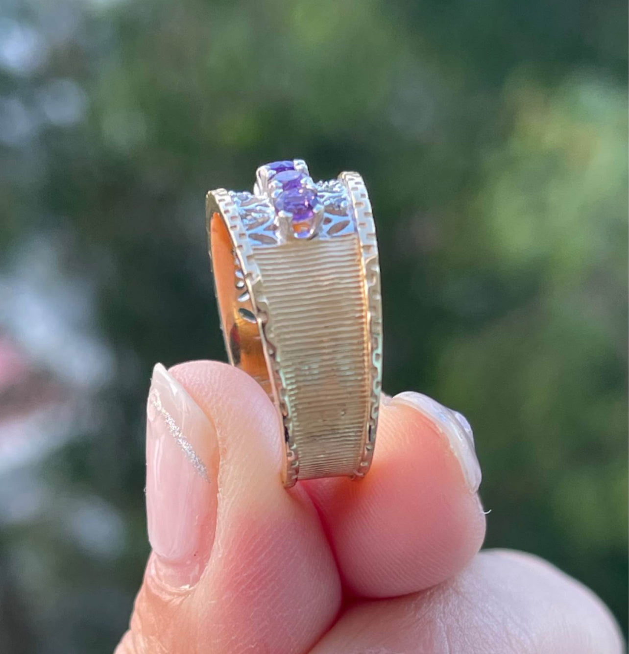 Purple Amethyst Diamond Filigree
Wide Band In 14ct Yellow White
Gold