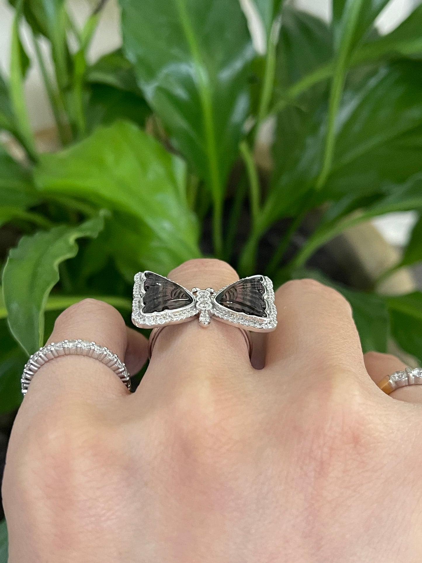 Papillon d’Art – Hand-Carved Natural Tourmaline & Diamond Butterfly Ring in 14ct White Gold