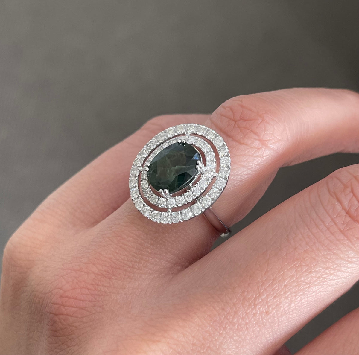 Natural Green Sapphire Diamond Halo Ring In 14ct White Gold