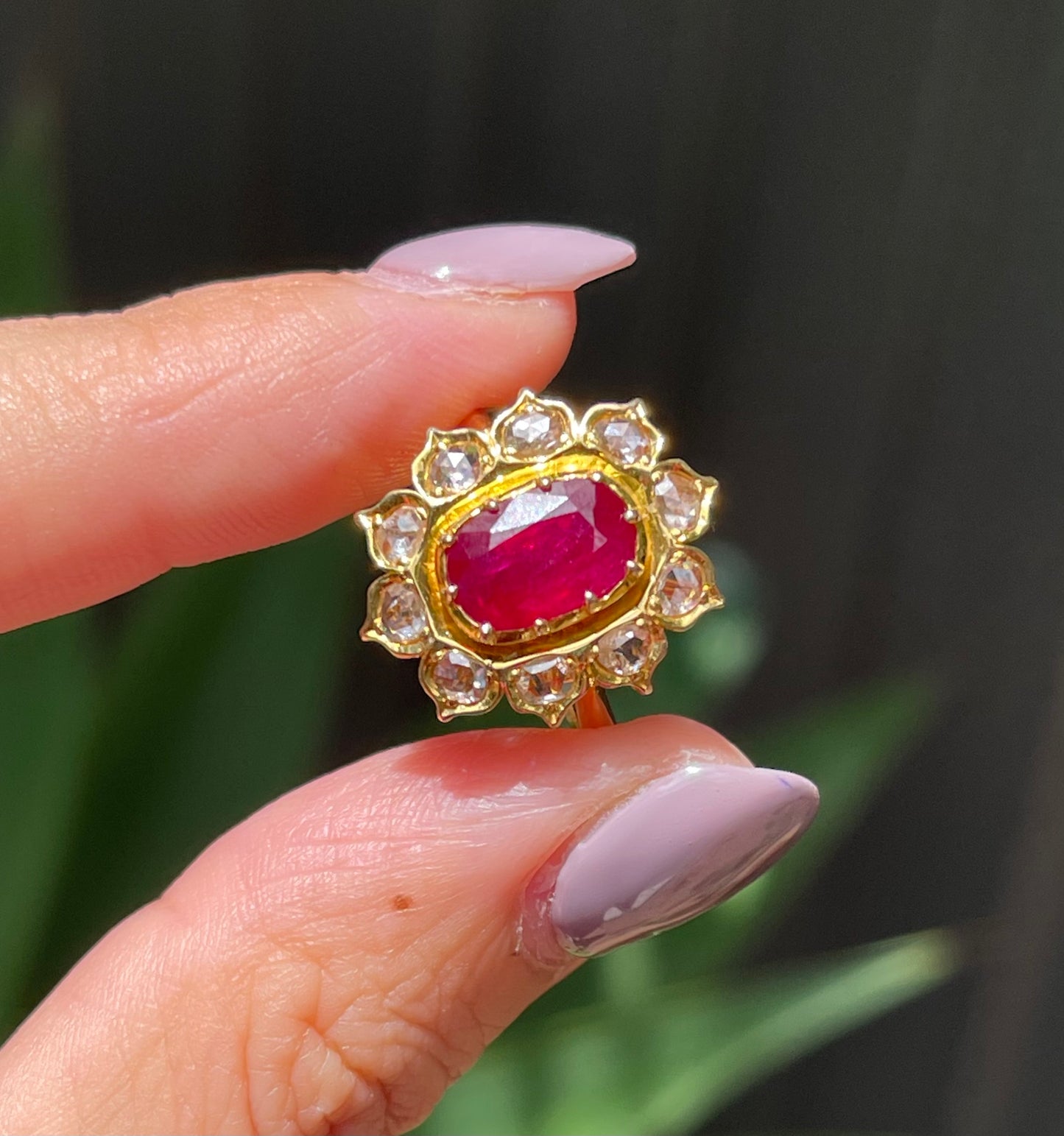 Antique style 2.5ct Ruby & Rose-Cut Diamond Cluster Ring in 14ct Yellow Gold