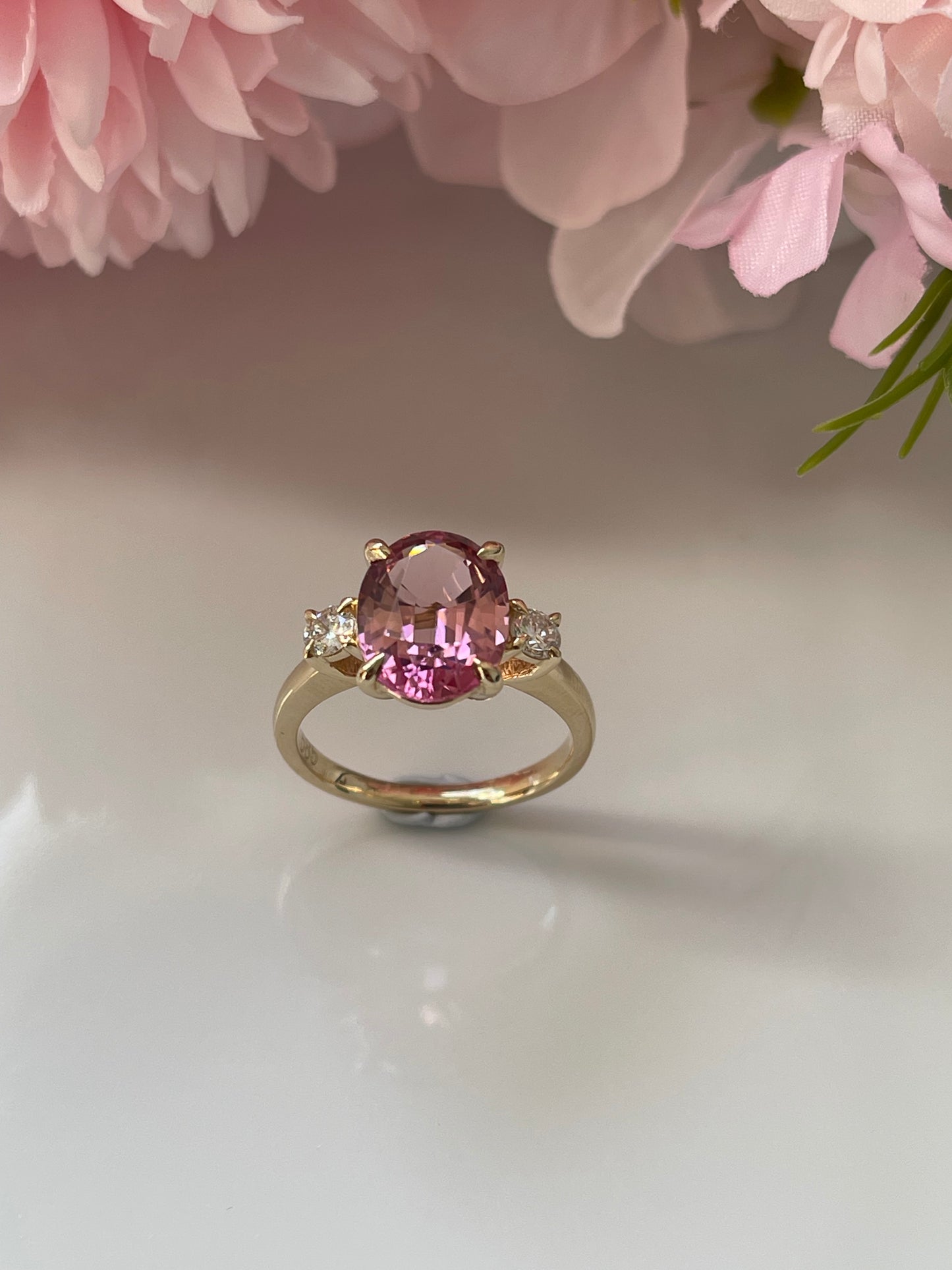 S.E. Custom 3.7ct Pink Tourmaline Diamond Trilogy Ring In 14ct Yellow Gold