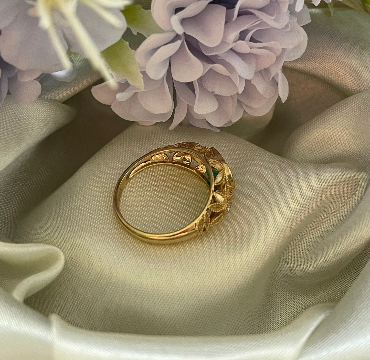 Victorian Inspired 1.35ct Emerald Filigree Ring with diamonds In 9ct Yellow Gold