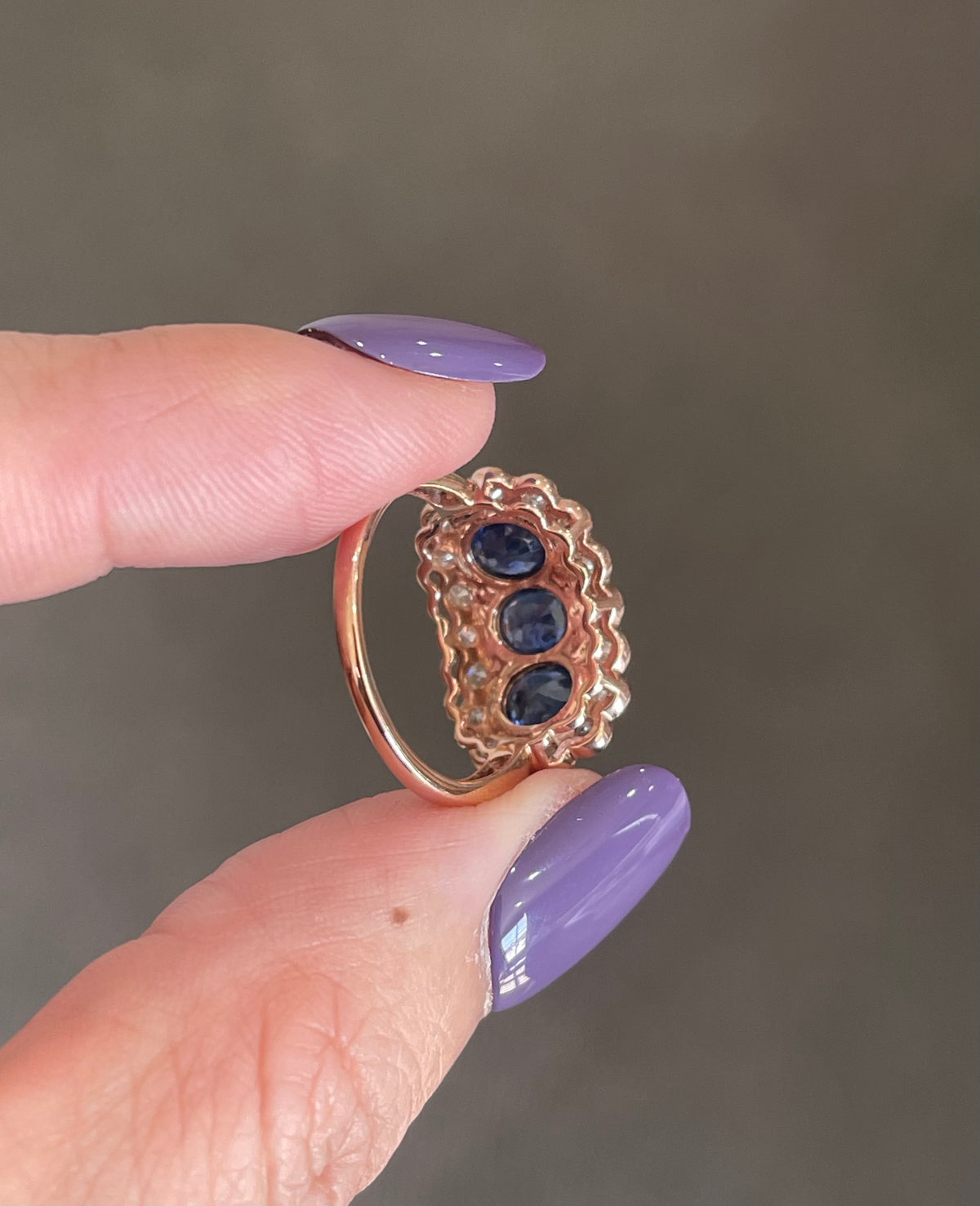 Classic Natural Sapphire Diamond Trilogy Ring In 14ct Rose Gold