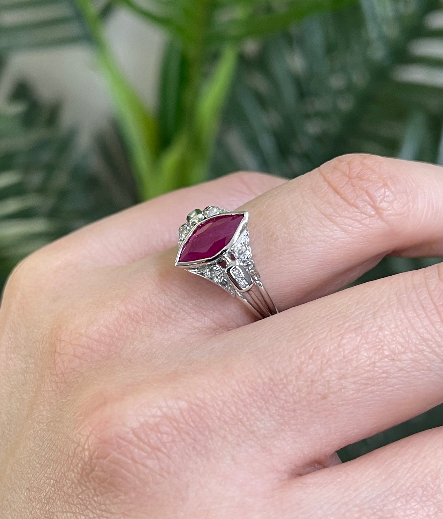 Art Deco Style 1.6ct Natural Marquise cut Ruby & Diamond Ring