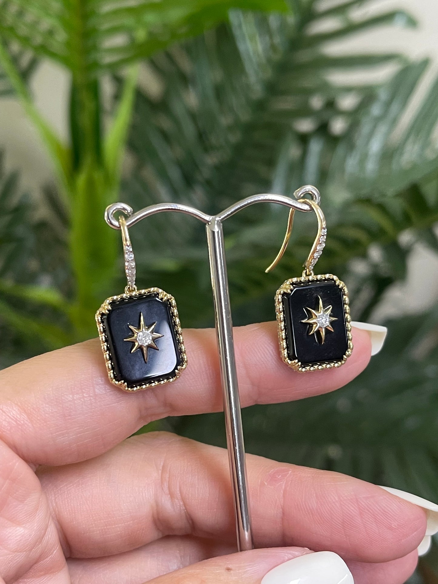 Onyx & Diamond Star Set Drop Earrings In 14ct Yellow Gold