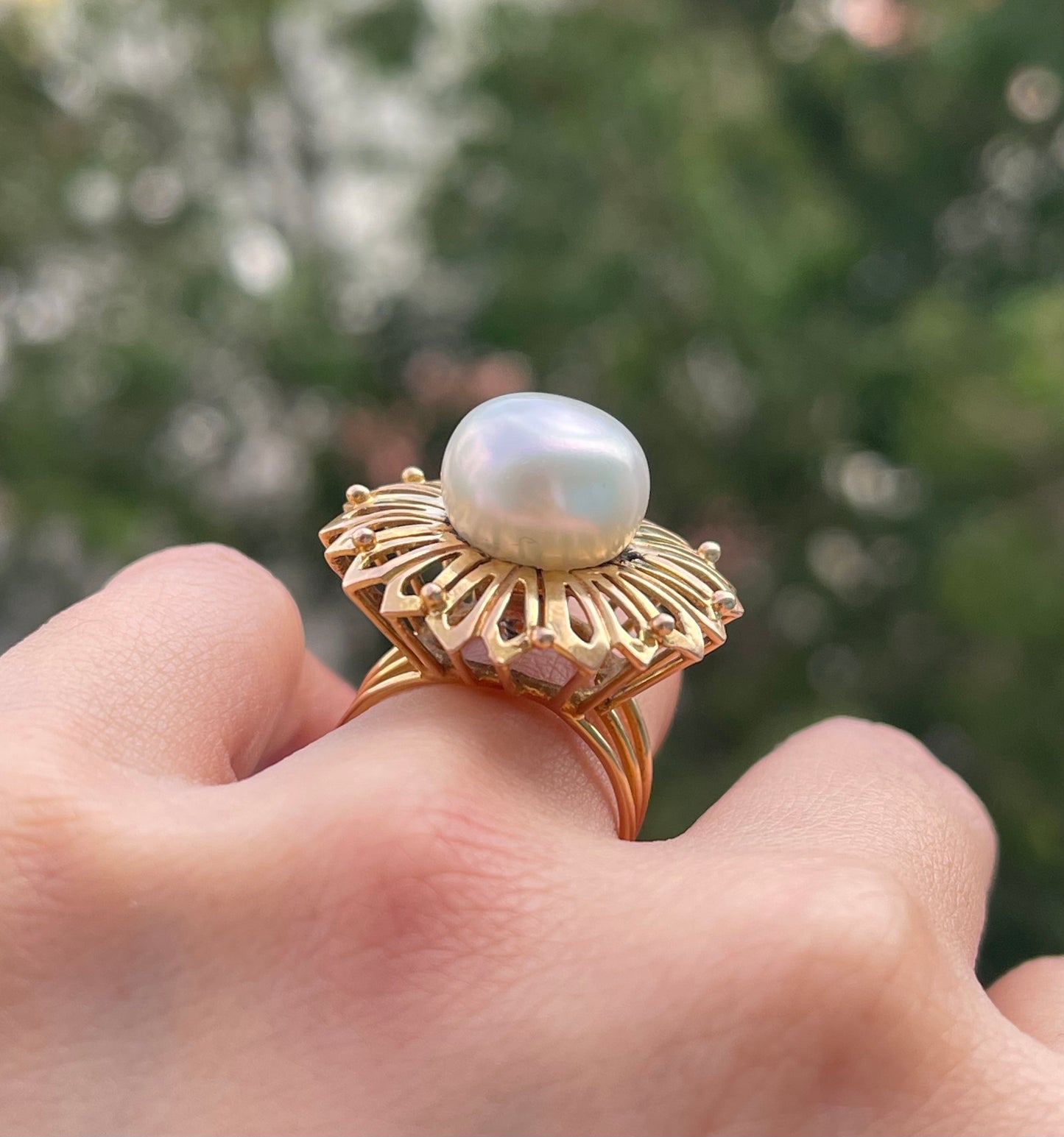 Vintage estate 9ct yellow gold genuine pearl sunflower ring