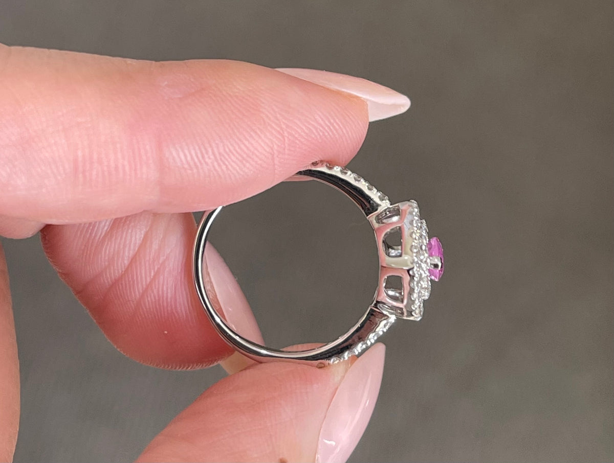 Natural Pink Sapphire Diamond Double Halo Ring In 14ct White Gold