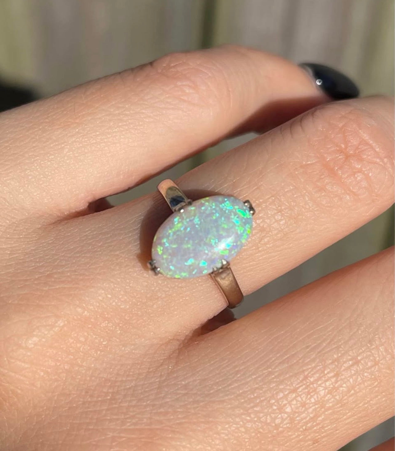 Mid Century 1950s Solid Australian Opal Ring In 14ct White Gold