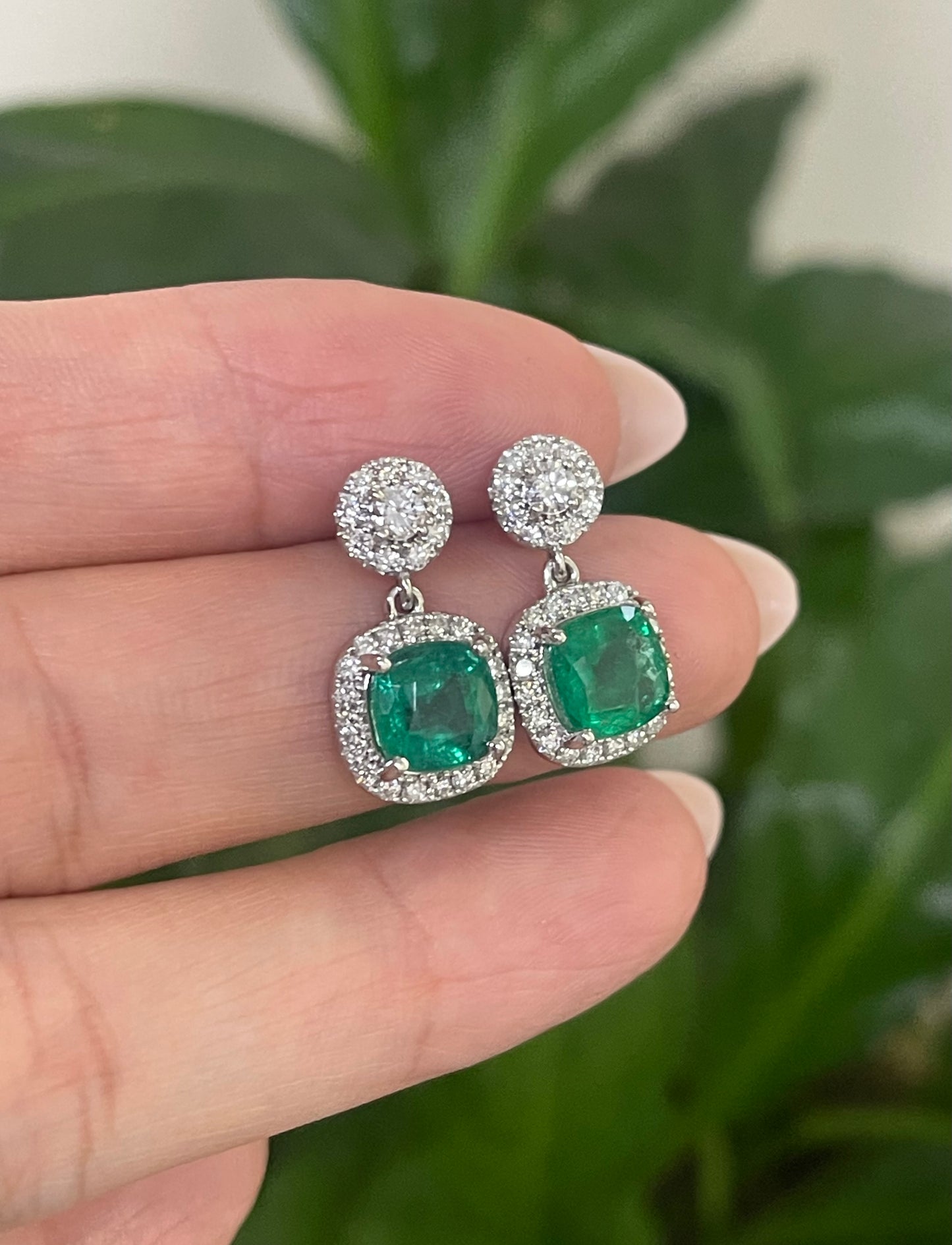 3.02ct Natural Emerald Diamond Drop Earrings In 14ct White Gold